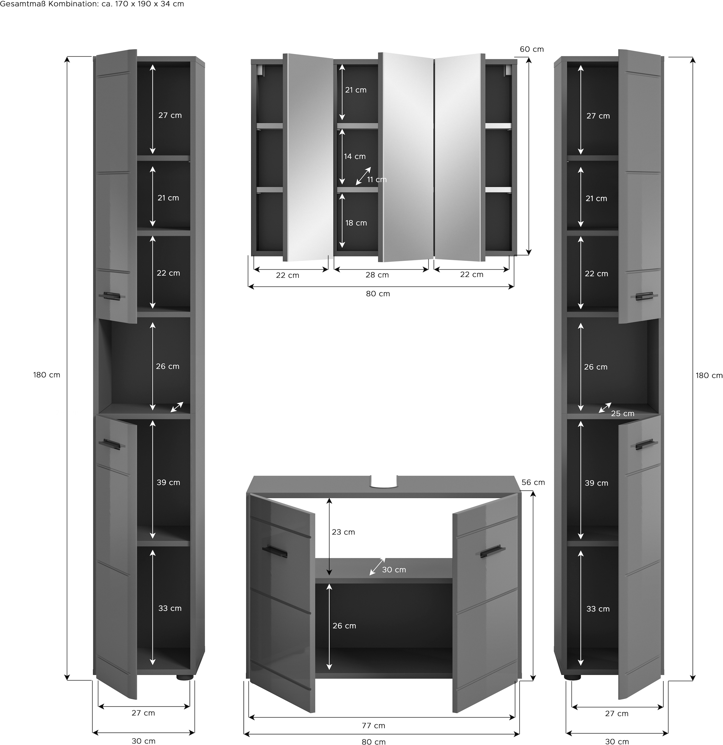 welltime Badmöbel-Set »Doux, bestehend aus: 2x Hochschrank, Waschbeckenunterschrank,« 4 Stk. tlg.