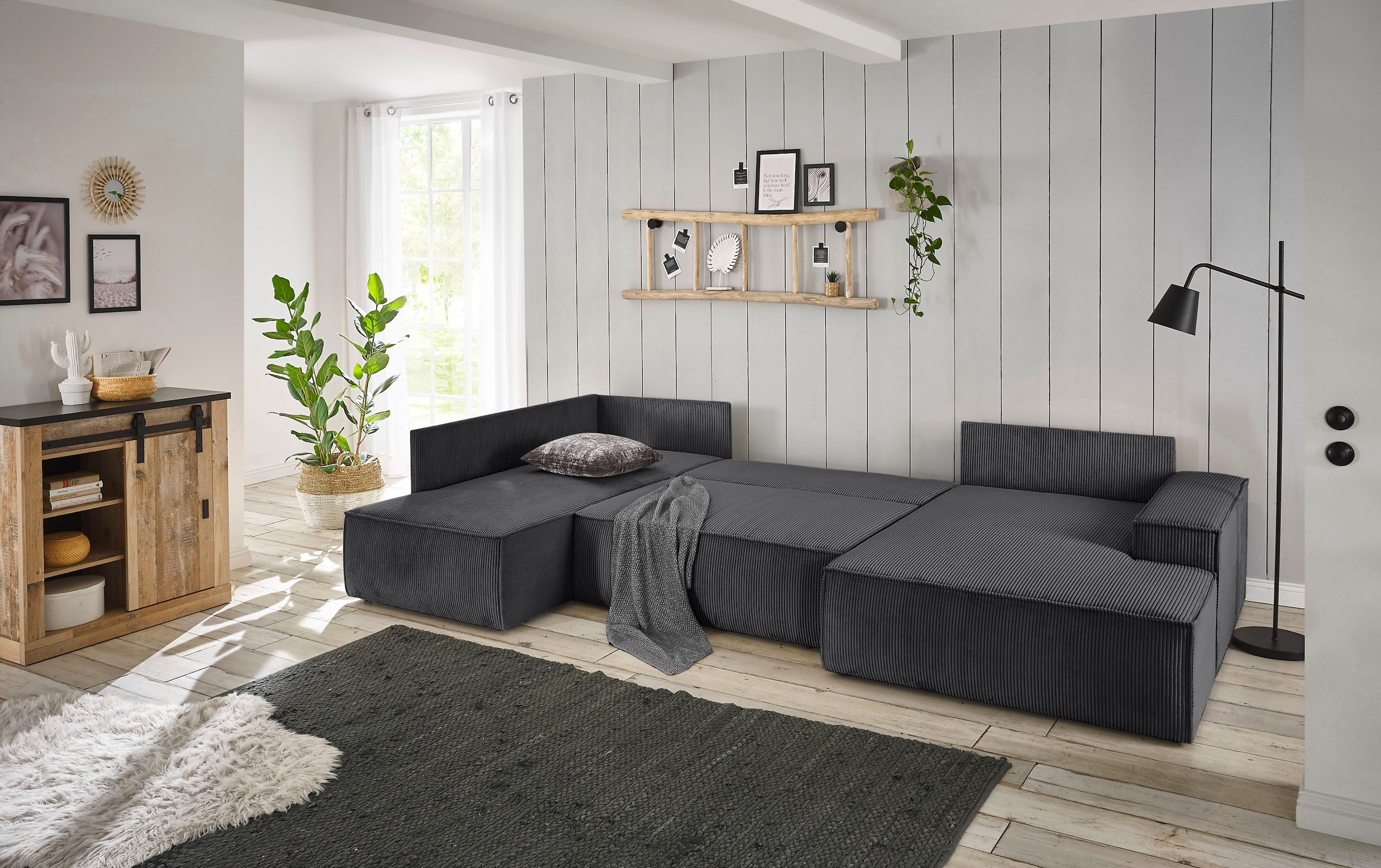 Home affaire Wohnlandschaft »SHERWOOD U-Form, 329 cm - OTTO. Verlässliche Qualität.« Schlaffunktion m. Bettkasten (194x139 cm), Cord, Vintage, Samtvelours