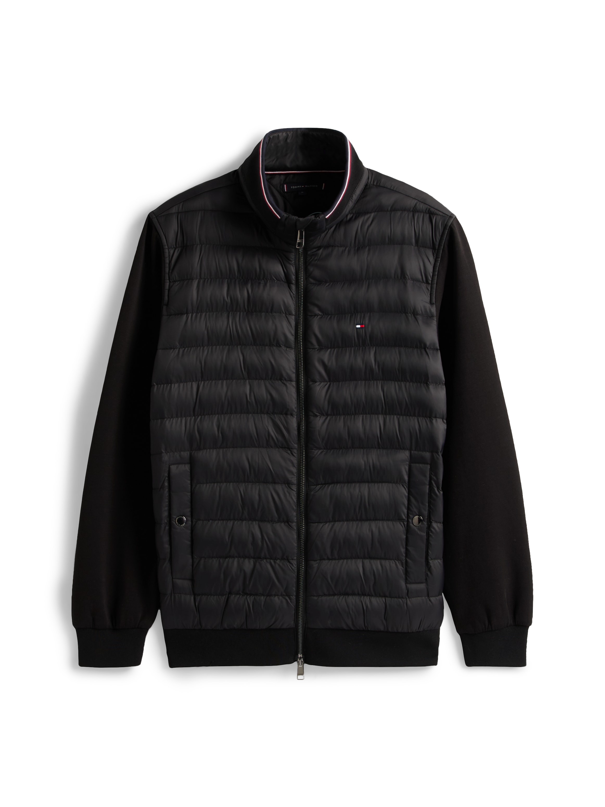 Tommy Hilfiger Sweatjacke »MIX MEDIA mit Stehkragen und gestepptem Einsatz«, unifarben, casual, regular fit, Baumwollmix, Stehkragen