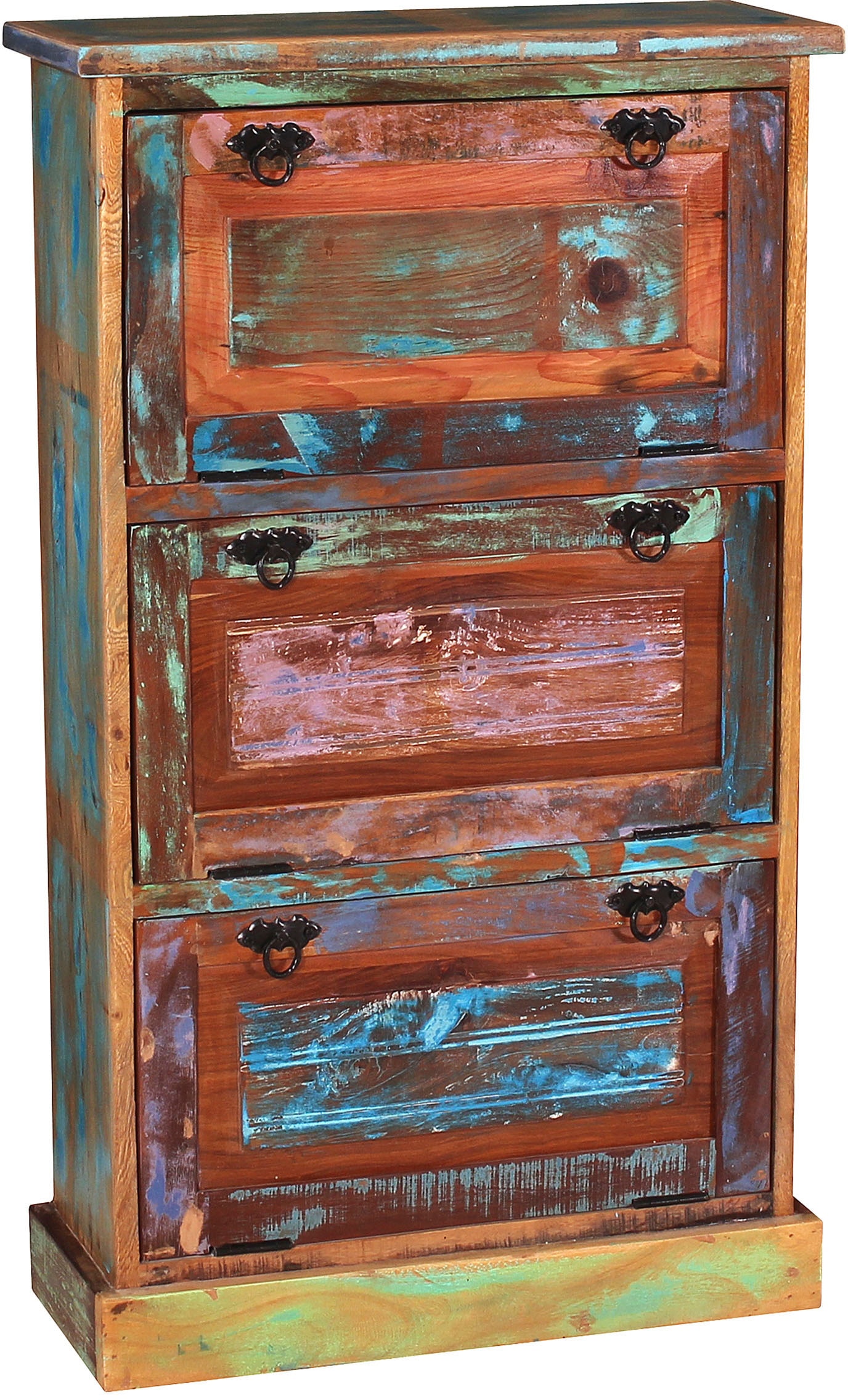 SIT Armoire à chaussures »Utrecht aus Altholz mit 3 Kippfächern für 15 Paar Schuhe« Bascule-chaussures en bois ancien peint multicolore style vintage
