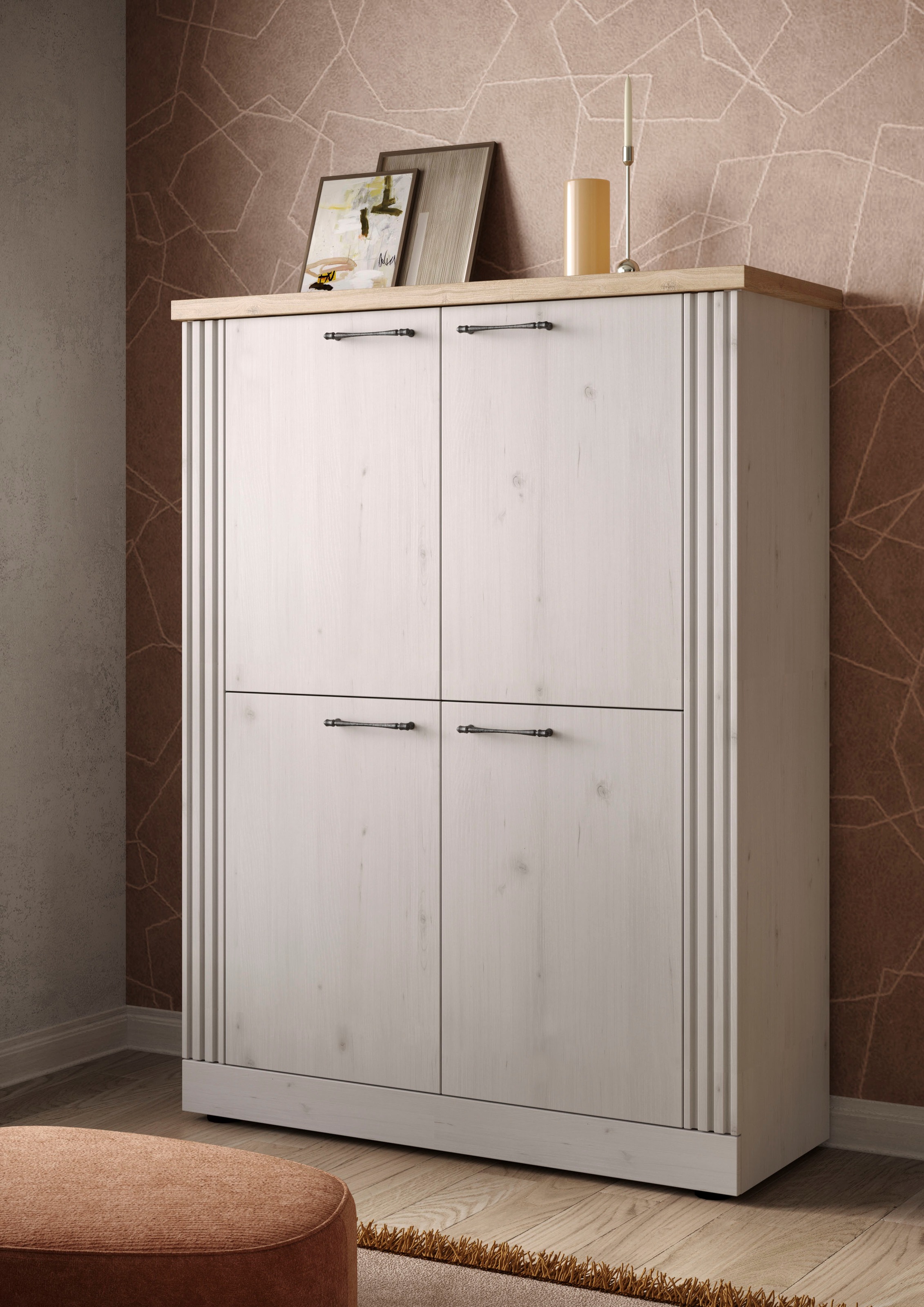 Home affaire Highboard »Country Höhe 160 cm u. Breite 118 cm, Kommode mit 4 Türen,«, Schrank im Landhausstil, viel Stauraum, mit Metallgriffe, MDF-Rahmen