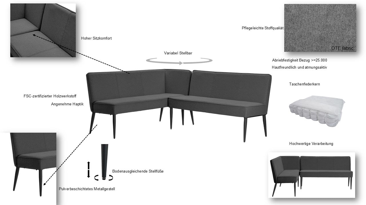 GOODproduct Eckbank »Lenzrose,« Esszimmerbank, Bank,,  mit Taschenfederkern, schwarzes Metallgestell, Breite 202 cm
