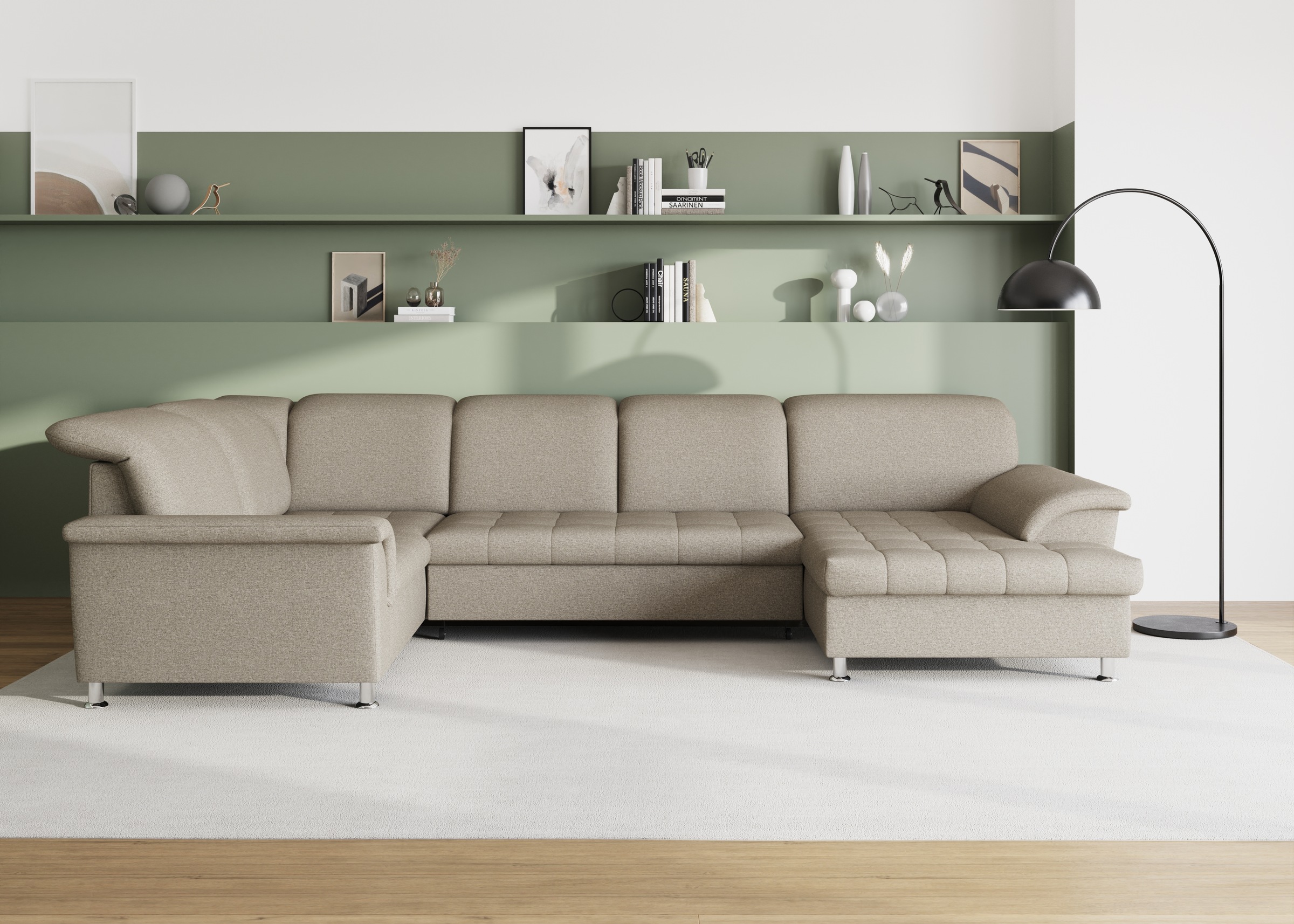 Image of DOMO collection Wohnlandschaft "FRANZI optional mit Bettfunktion, Bettkasten & Kopfteilverstellung" U-Form, Recamiere rechts, schlamm, B/T: 352/214 cm