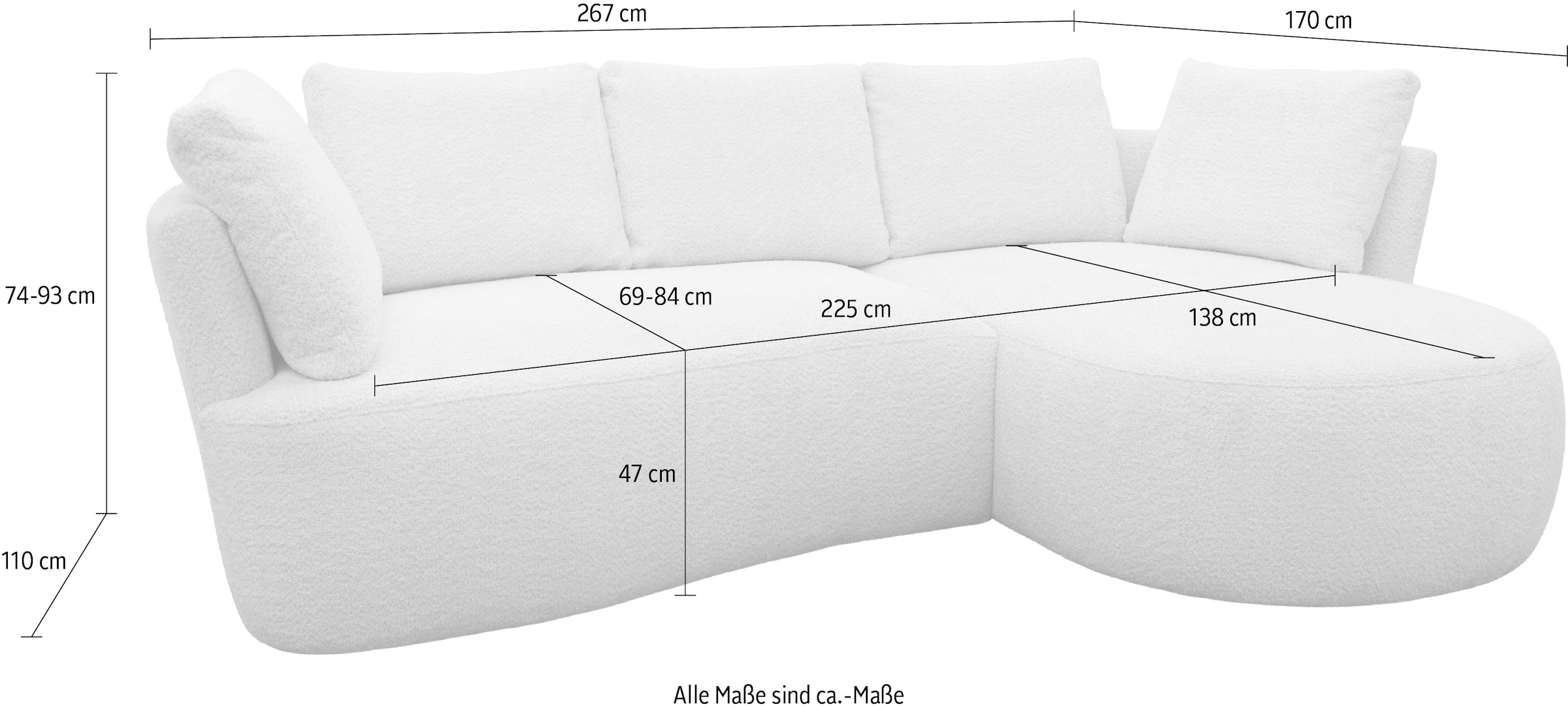 DOMO collection Canapé d'angle »Lumin, B/T: 267/170 cm, abgerunde Form, charmantes Design, cozy chic« Équipé de ressorts ensachés et de 5 coussins dorsaux