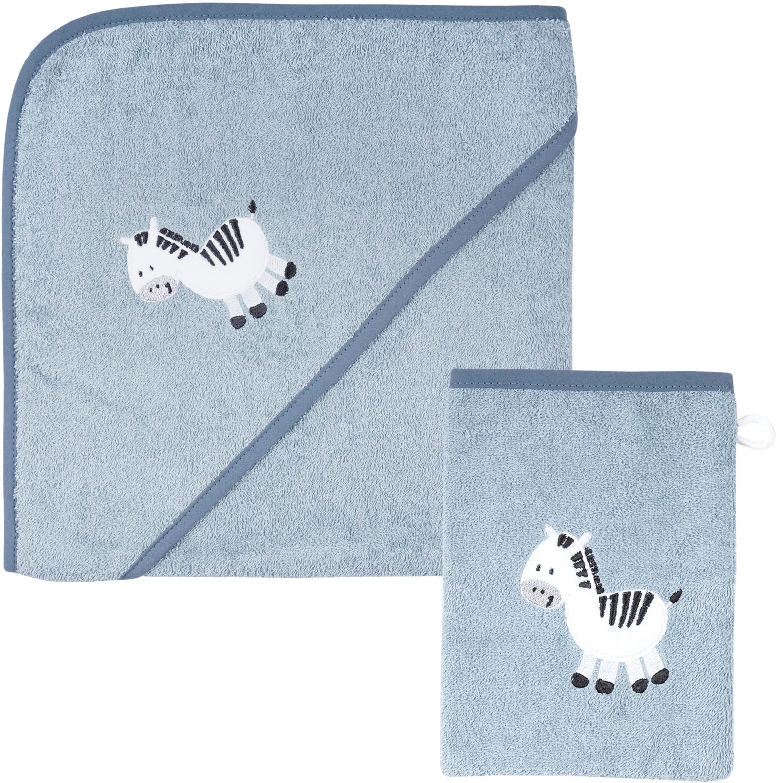 Image of Wörner Handtuch Set "Zebra blau Kapuzenbadetuch 100/100 mit Waschhandschuh" mit süsser Zebrastickerei