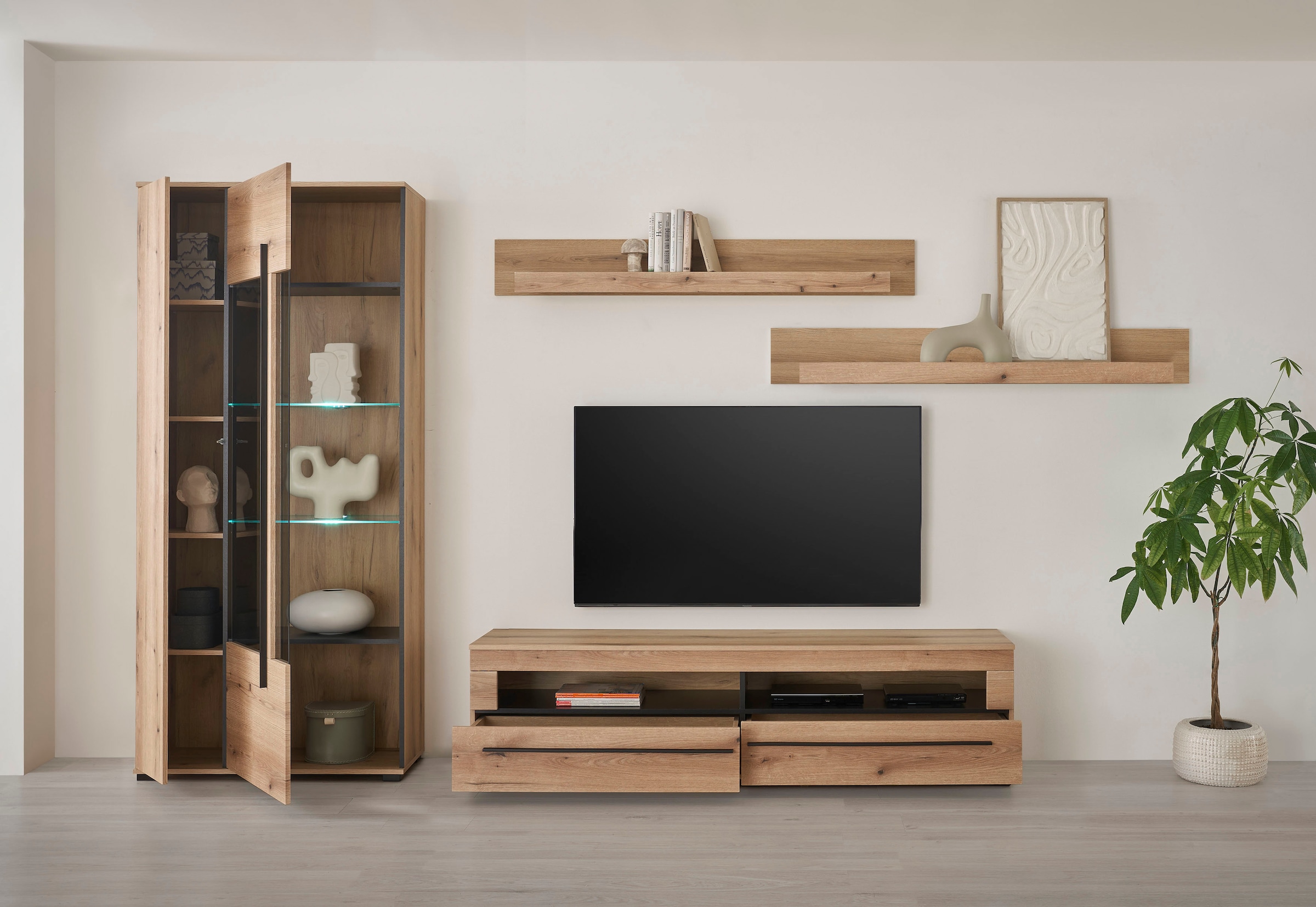 INOSIGN Wohnwand »Cantara, moderne Anbauwand, Wohnzimmer-Set, in Eiche Evoke oder Weiss«, (Set), enthält eine Vitrine, ein Lowboard und zwei Wandboards