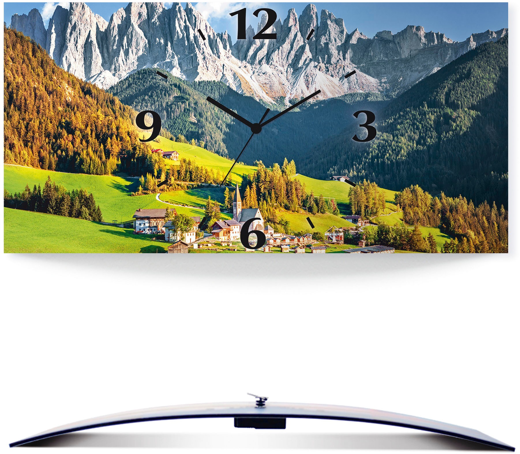 Image of Artland Wanduhr »Alpen Berge Santa Maddalena«, in vielen Grössen & Produktarten - Alubild / Outdoorbild für den Aussenbereich, Leinwandbild, Poster, Wandaufkleber / Wandtattoo auch für Badezimmer geeignet bei Ackermann Versand Schweiz