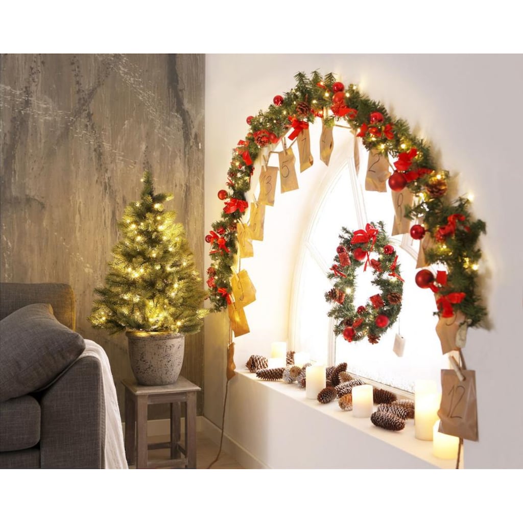 Creativ deco Künstlicher Weihnachtsbaum »Weihnachtsdeko, künstlicher Christbaum, Tannenbaum«, mit schwarzem Kunststoff-Topf und LED-Lichterkette, batteriebetrieben