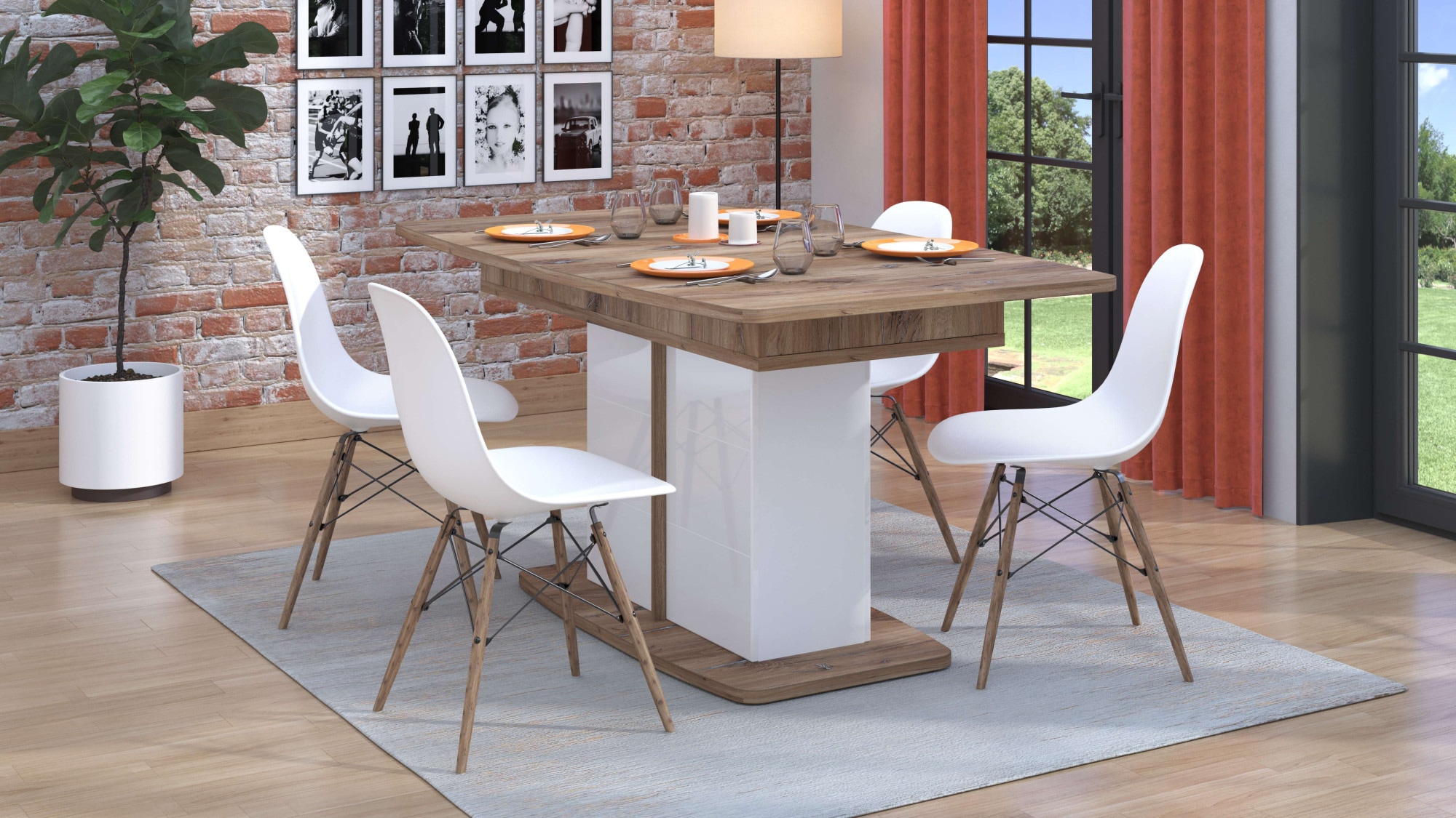 INOSIGN Esstisch »Burgundy 160 cm, modernes Design, Verlängerbar durch Einlegeplatte« max. Breite 200 cm, Farbkombination aus Flagstaf Eiche und Weiss