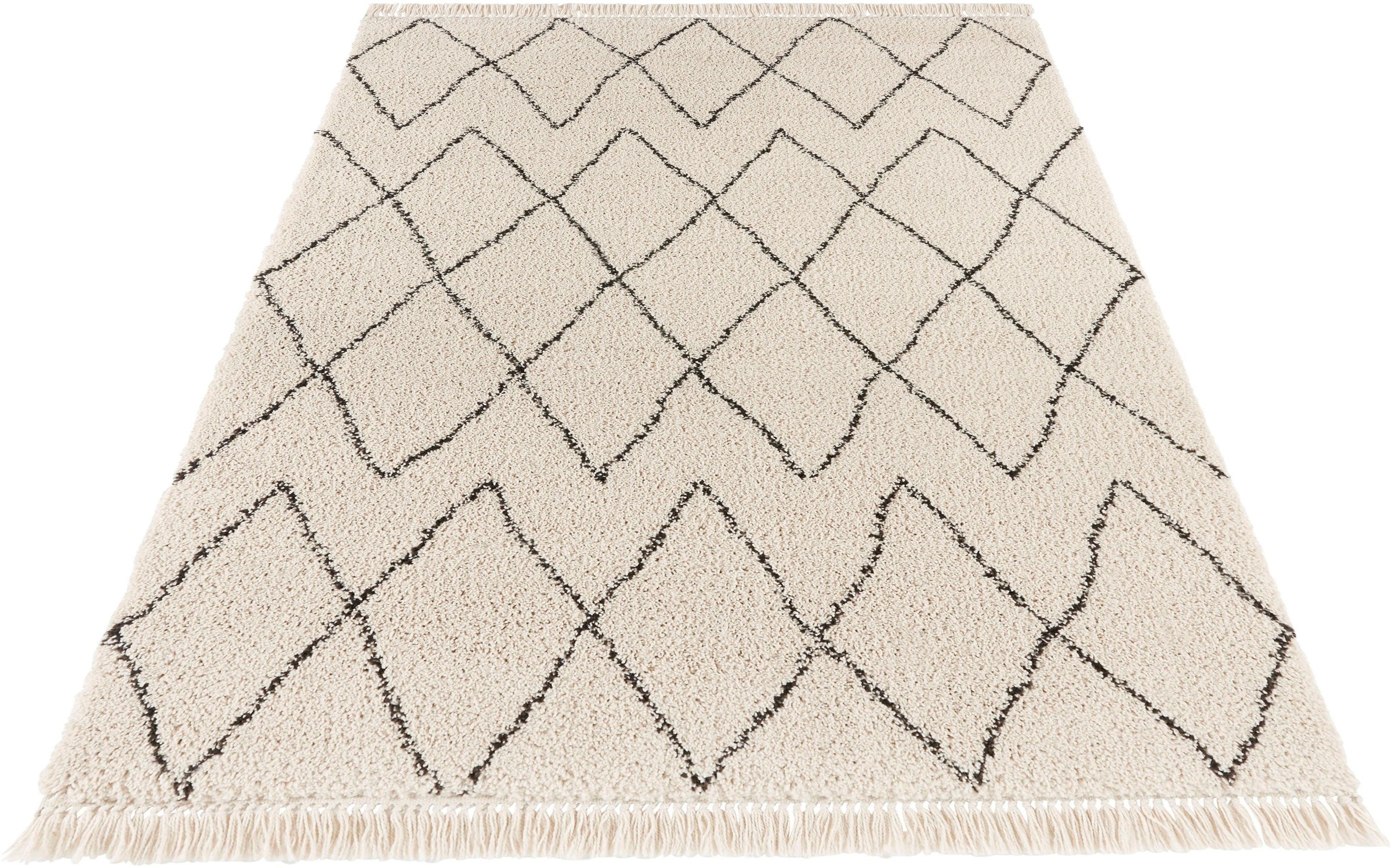 Image of MINT RUGS Hochflor-Teppich »Jade«, rechteckig, 35 mm Höhe, Pastellfarben mit Fransen, Rauten Design, Scandi Look, Wohnzimmer, Schlafzimmer, Robust, Pflegeleicht bei Ackermann Versand Schweiz