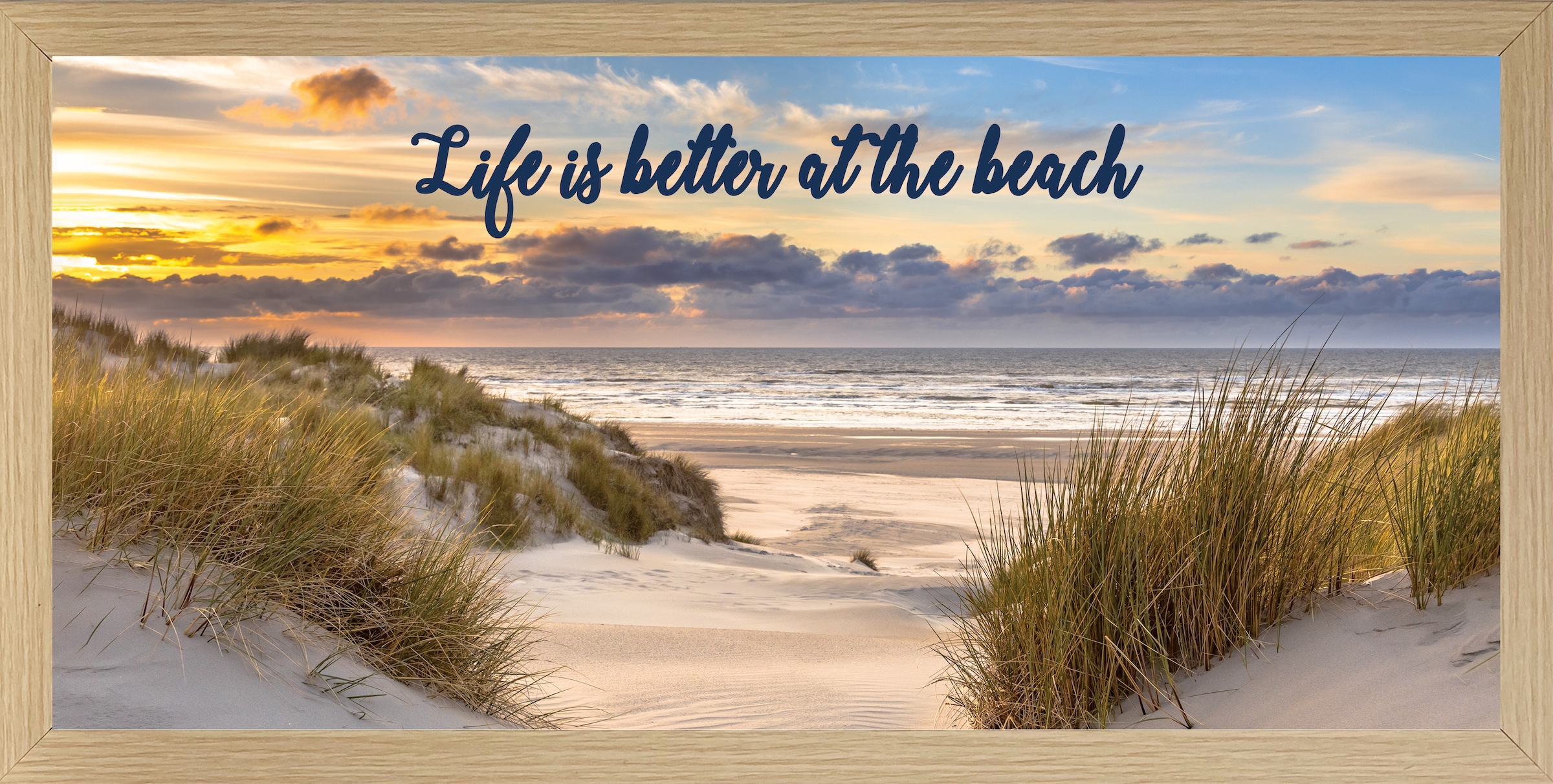 Image of Bönninghoff Bild mit Rahmen "Wandbild gerahmt STRAND MIT SPRUCH 23x49 cm – Natur Wanddeko modern" Sonnenaufgang & -untergang Sonnenuntergang Sprüche Sprüche & Texte Strand Strandbilder 1 Stk. tlg. mit dekorativem Rahmen