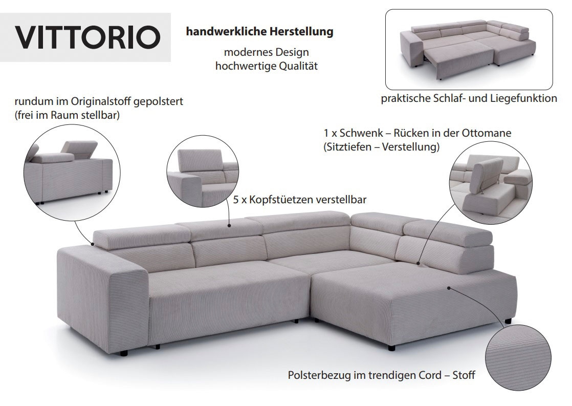exxpo - sofa fashion Ecksofa »VITTORIO mit Komfortfunktionen, bequem und modern, Cord, L-Form«, inkl. Kopfteil- und Sitztiefenverstellung, wahlweise mit Bettfunktion