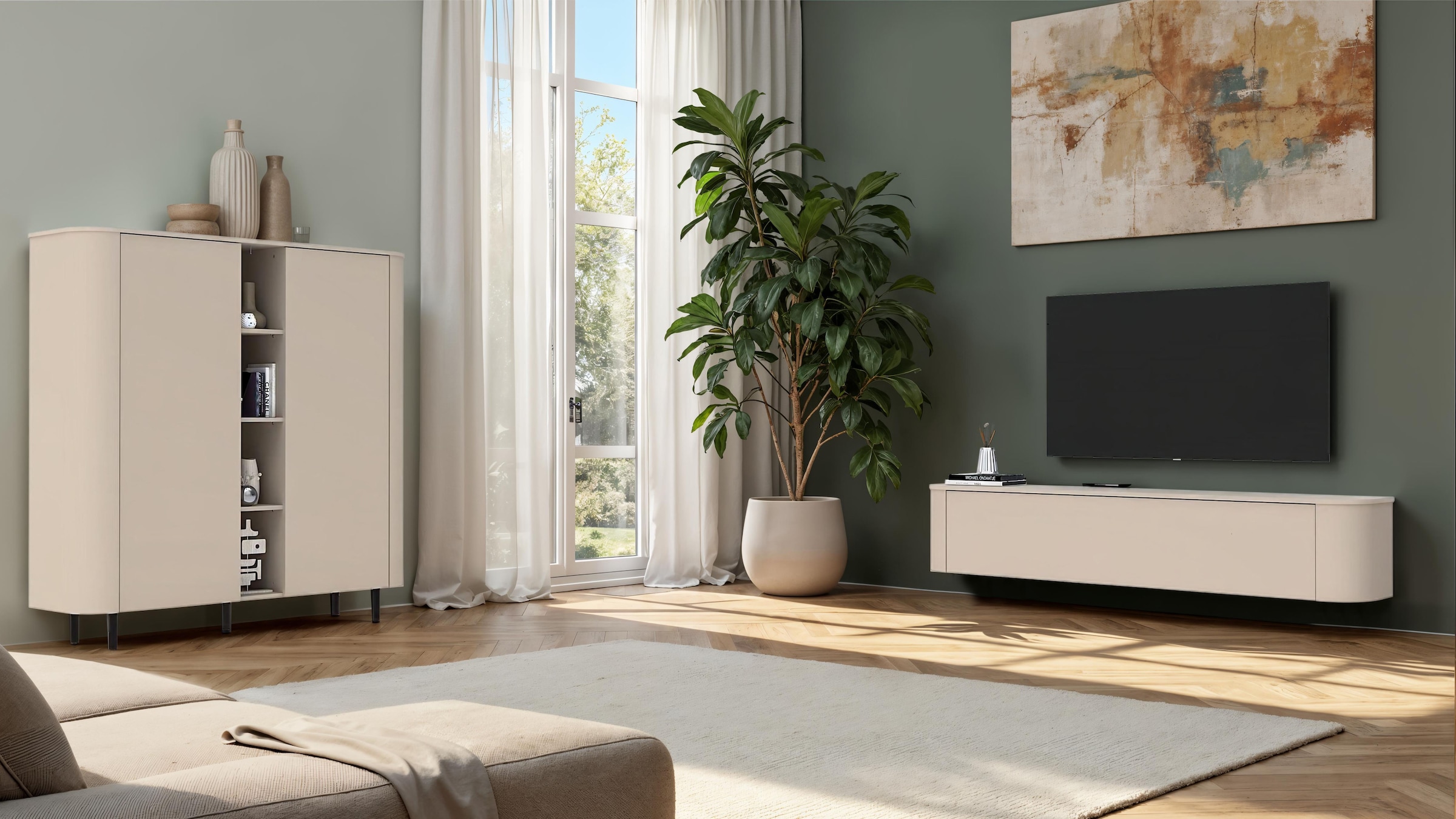 GOODproduct Highboard »Lido, B/H 150/154 cm, 2 Türen, 4 offene Fächer, Stauraumschrank« Formgebogenes MDF, Stirnseiten mit Rundung, Push-to-open, Metallfüsse