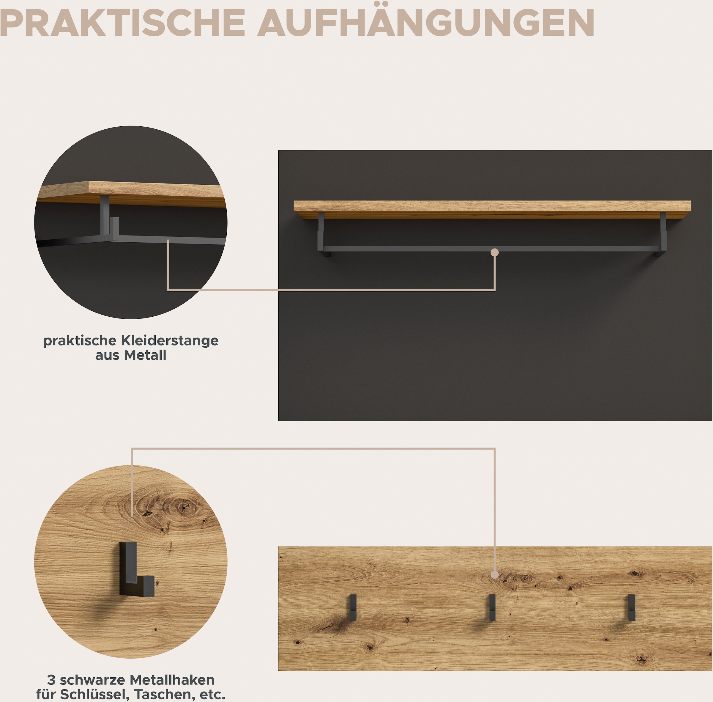 INOSIGN Garderoben-Set »Rehat, Garderobenkombination, Breite 255cm«, (6 St.), 6-teiliges Flurgarderoben Set mit viel Stauraum, Flur Möbel