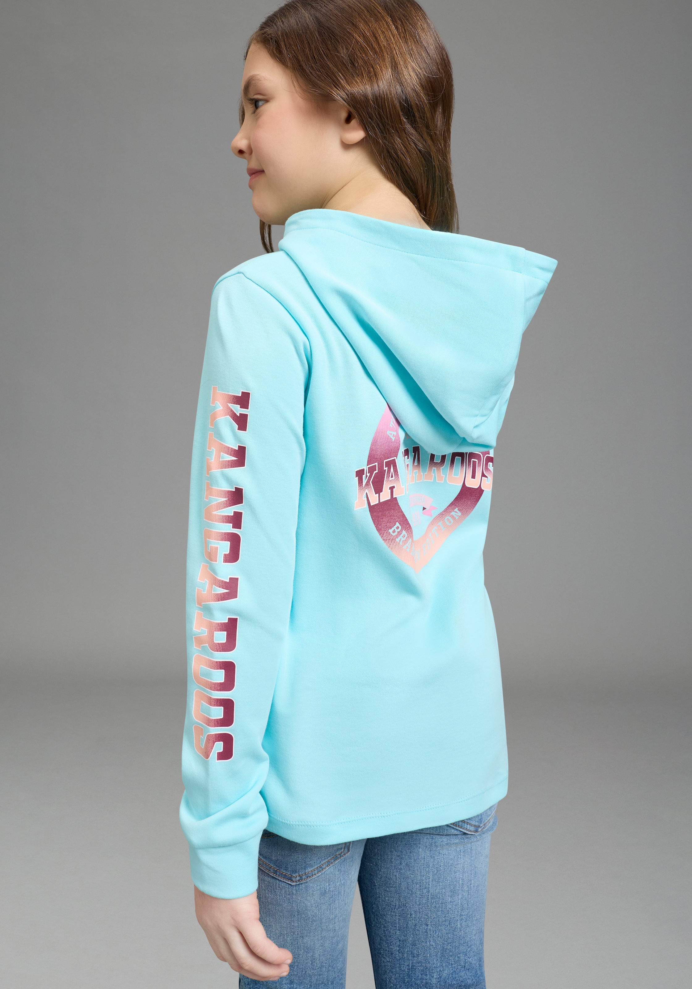 KangaROOS Langarmshirt »Kangaroos Kapuzenshirt mit Ärmeldruck« gerade Passform,  bedrucktes Design,  mit Kapuze,  aus 100% Baumwolle