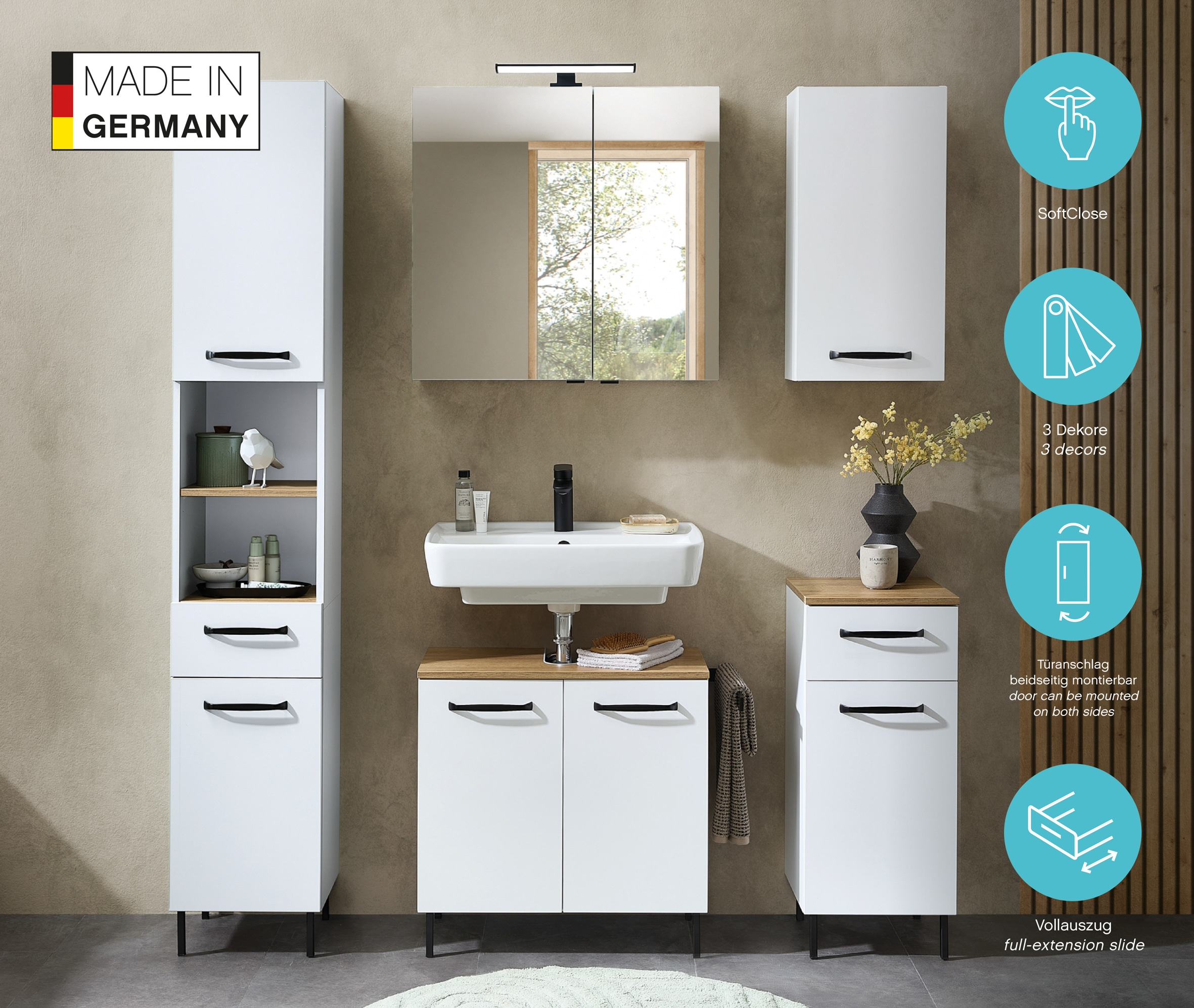 Saphir Armoire sous lavabo »Quickset 500, 2 Türen, Siphonausschnitt« Armoire sous lavabo avec amortisseur de porte, poignées noires