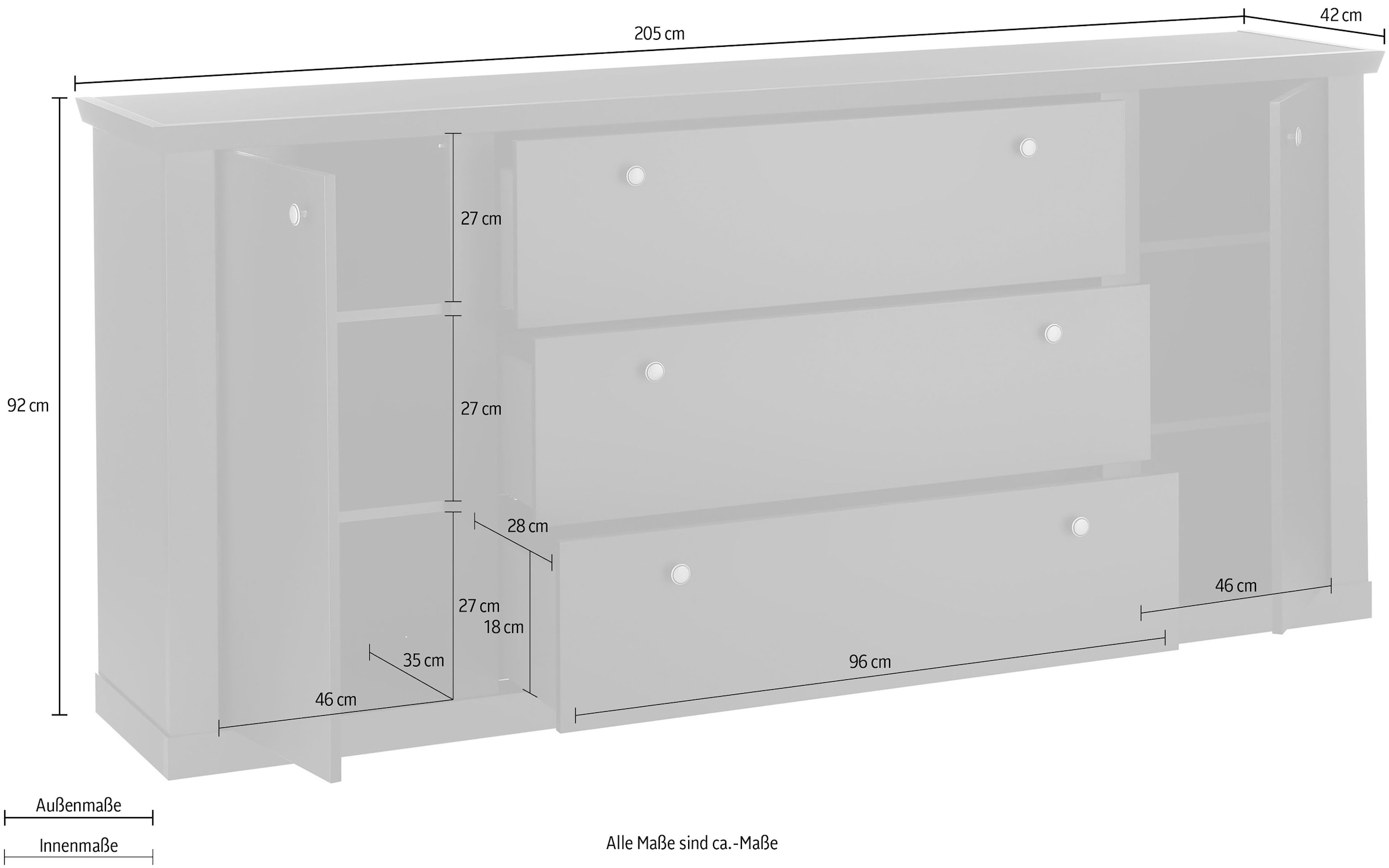 Home affaire Sideboard »Lincoln, moderner Schrank, schwarze Kommode, 205 cm breit« edles Design, messingfarbene Knopfgriffe, in 2 Grössen verfügbar