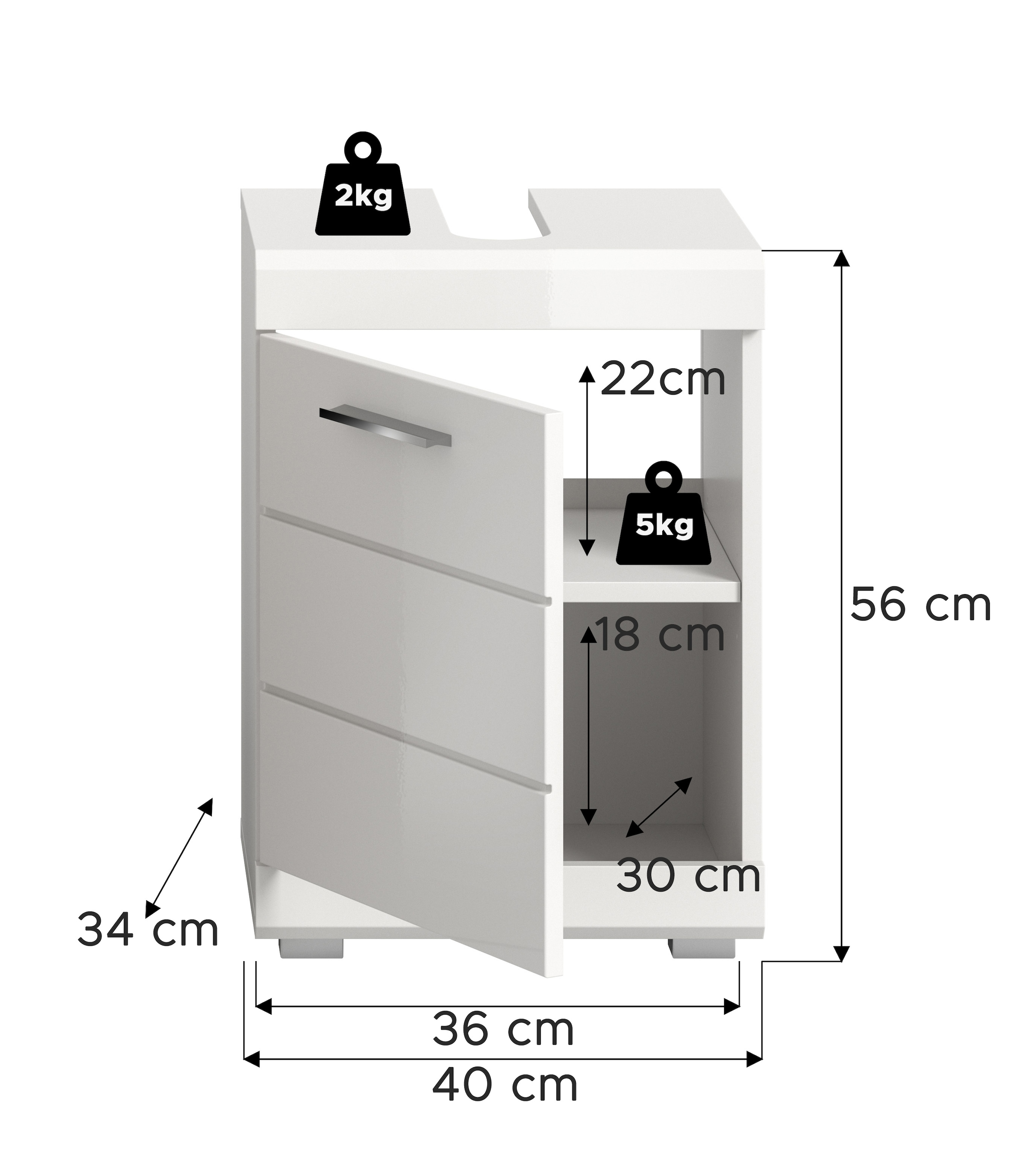 welltime Waschbeckenunterschrank »SIENA, Breite 40cm, 1 Tür, 1 Einlegeboden, 2 Fächer, MDF-Front« WBU, Badmöbel, Badschrank, Kommode, Unterschrank, Bad, Badezimmer