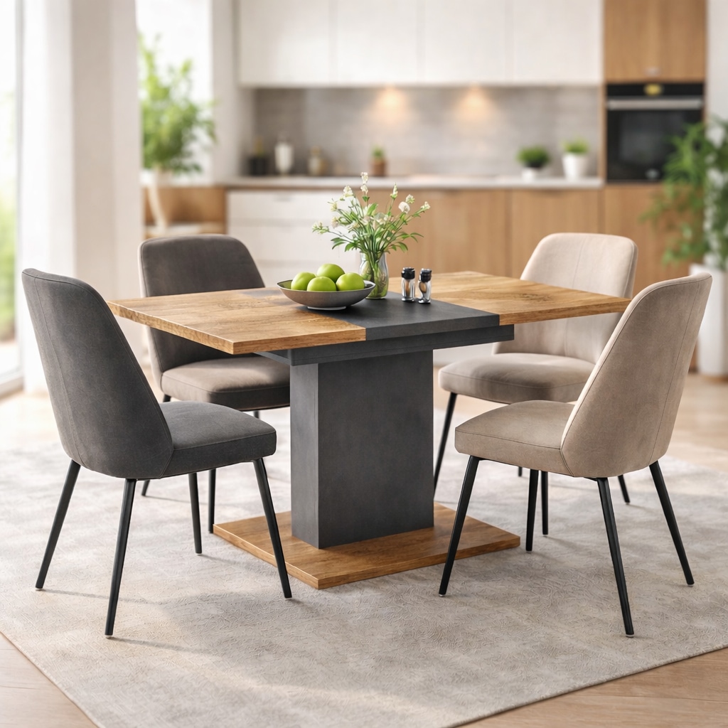 GOODproduct Table de salle à manger »Boston, Säulentisch, Speisetisch, Küchentisch, ausziehbar bis 150 cm« Place pour jusqu'à 6 personnes, extensible grâce à une rallonge