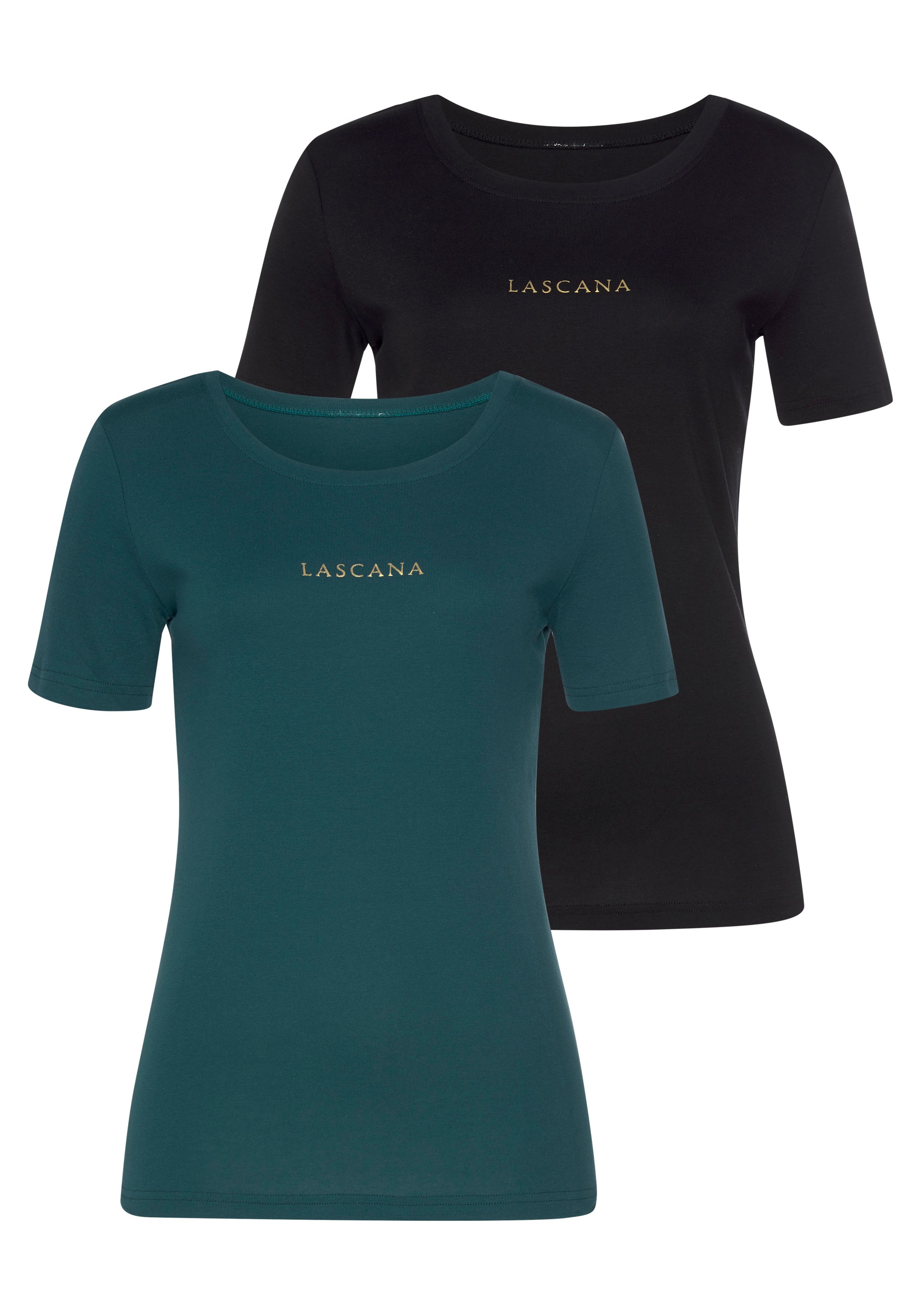 Image of LASCANA T-Shirt, (2er-Pack), mit goldfarbenenem Logodruck bei Ackermann Versand Schweiz