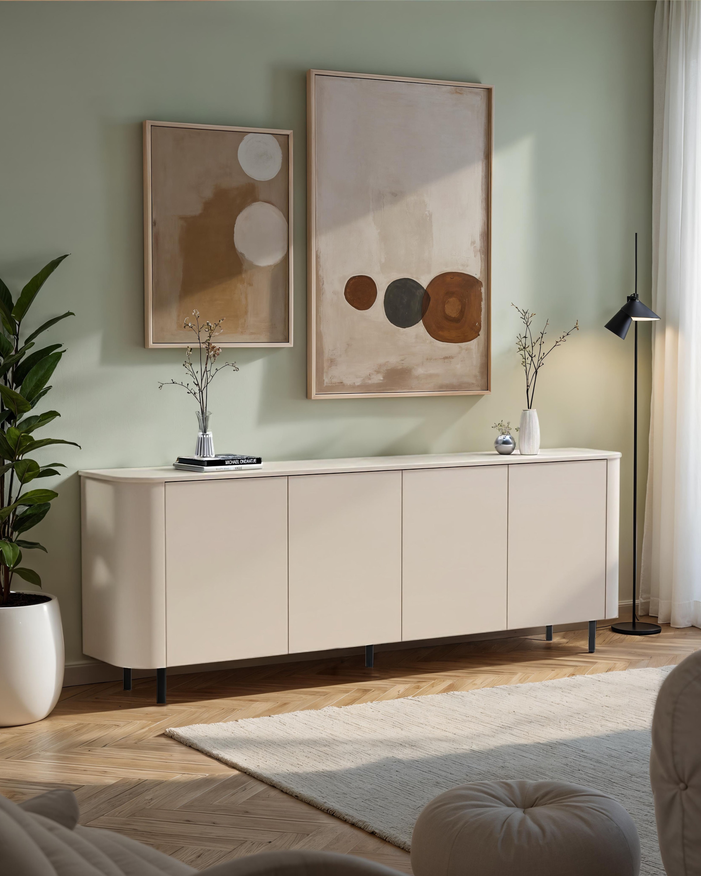 INOSIGN Sideboard »Lido, 231 cm breit, 4 Türen, Anrichte, Kommode, Stauraumschrank« Formgebogenes MDF, Stirnseiten mit Rundung, Push-to-open, Metallfüsse