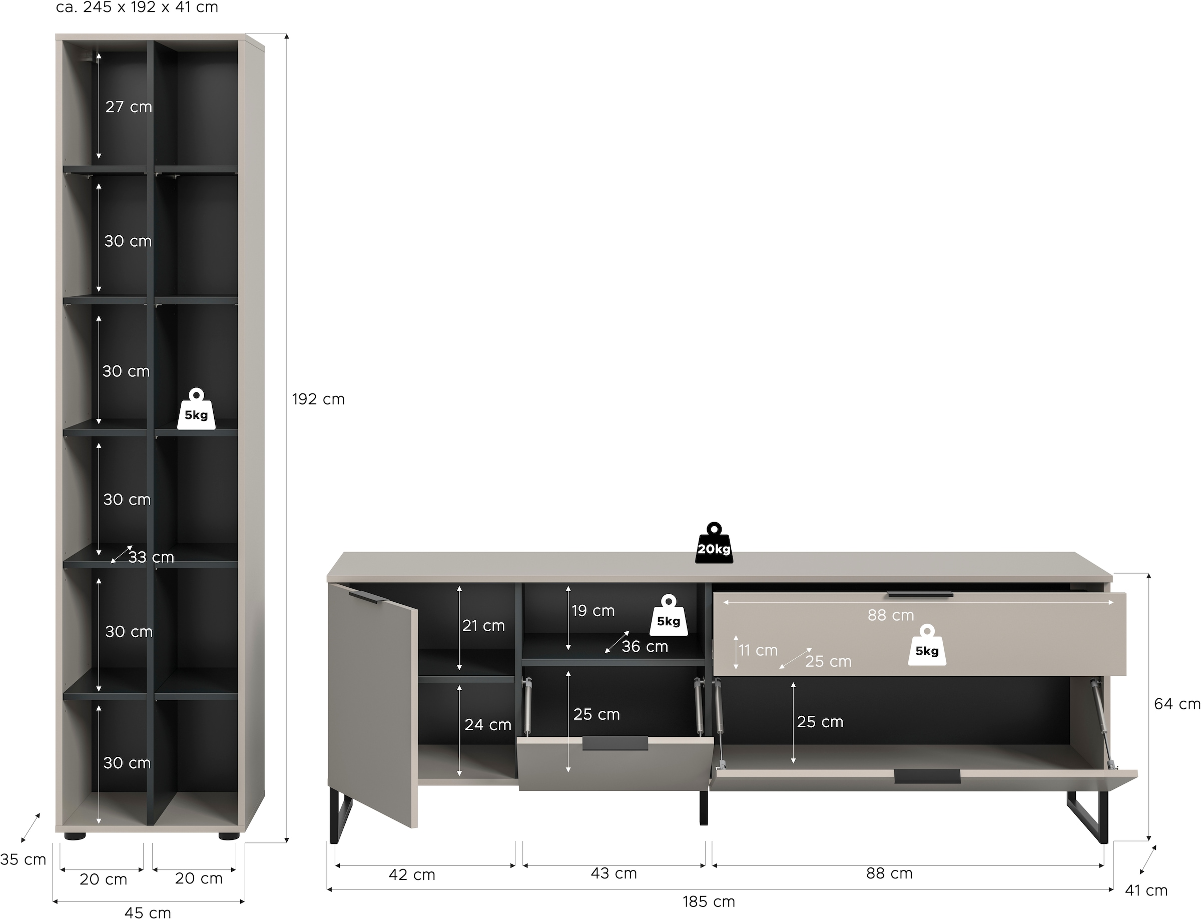 INOSIGN Wohnwand »ADIO, Breite 245 cm, 2-teiliges Set, mit Metall-Kufenfüsse« Set, bestehend aus: Standregal und Lowboard, 2 Stk. tlg.