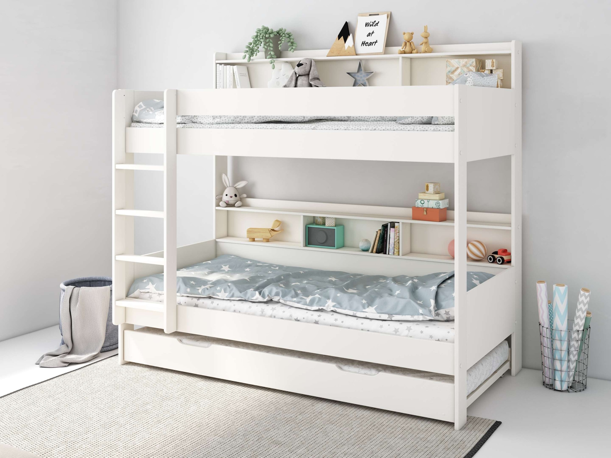 Lüttenhütt Etagenbett »JAIME, Stockbett, mit Regalen, Schublade als Ausziehbett optional«, (ca. 186x115x204 Höhe/Breite/Länge), FSC® zertifiziertes Massivholz, viel Stauraum und Abstellfläche