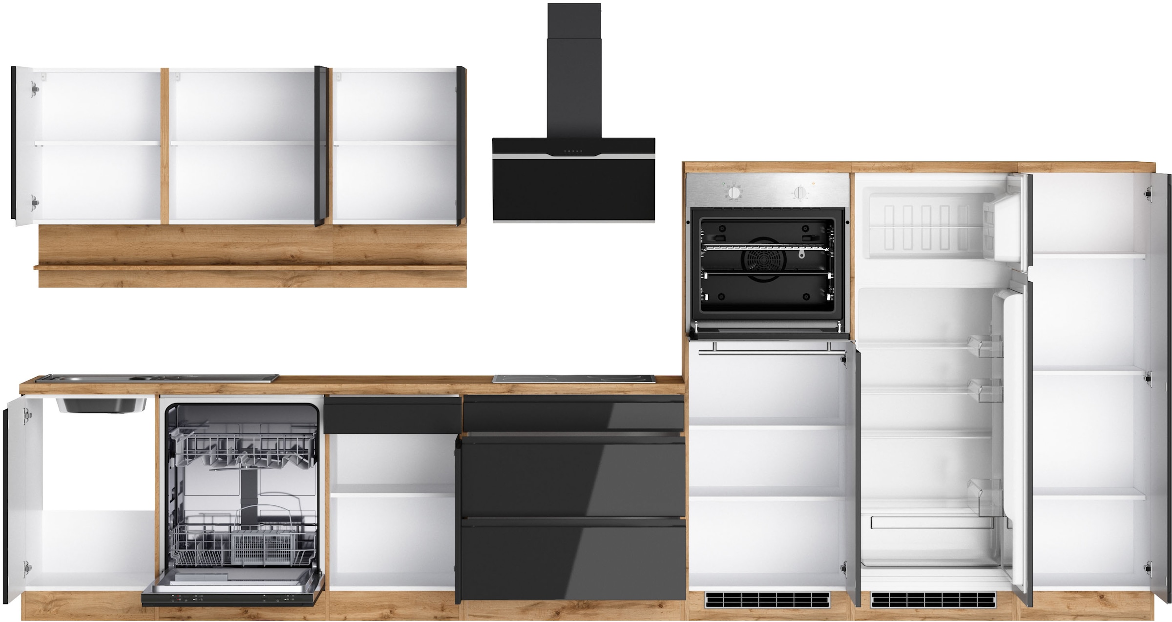 KOCHSTATION Kitchenette »KS-Virginia,neu in verbesserter Ausführung« plan de travail épaisseur 38 mm, rangement, fermeture douce,  largeur 410 cm, softclose, optionnellement avec appareils électriques et induction