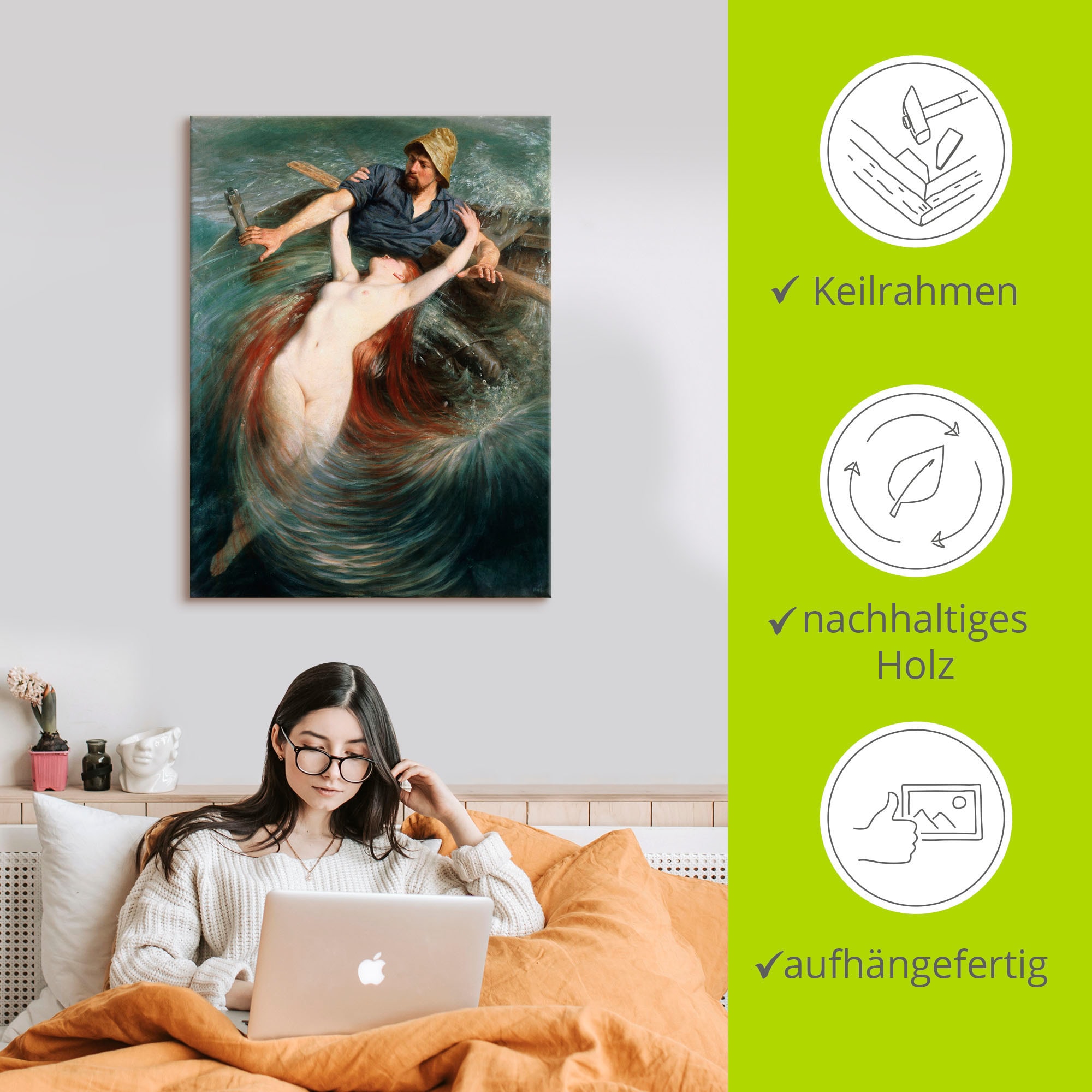 Artland Wandbild »Ein Fischer in den Fängen einer Sirene.«, klassische Fantasie, (1 St.), als Leinwandbild, Poster in verschied. Grössen