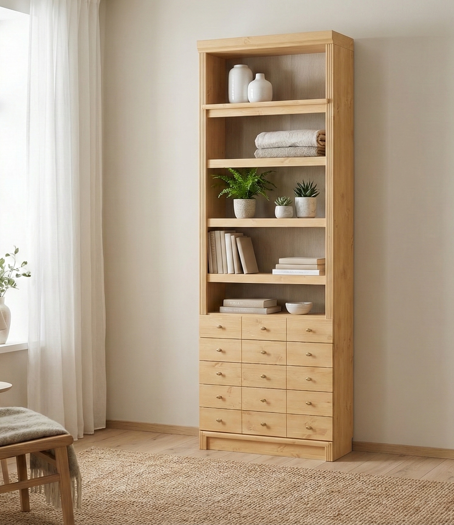 Home affaire Bücherregal »Soeren Regal mit 5 breiten Schubkästen in geteilter Optik« T/H: 80/29/220 cm, Kiefer FSC®-zertifiziert, elegante Metallgriffe