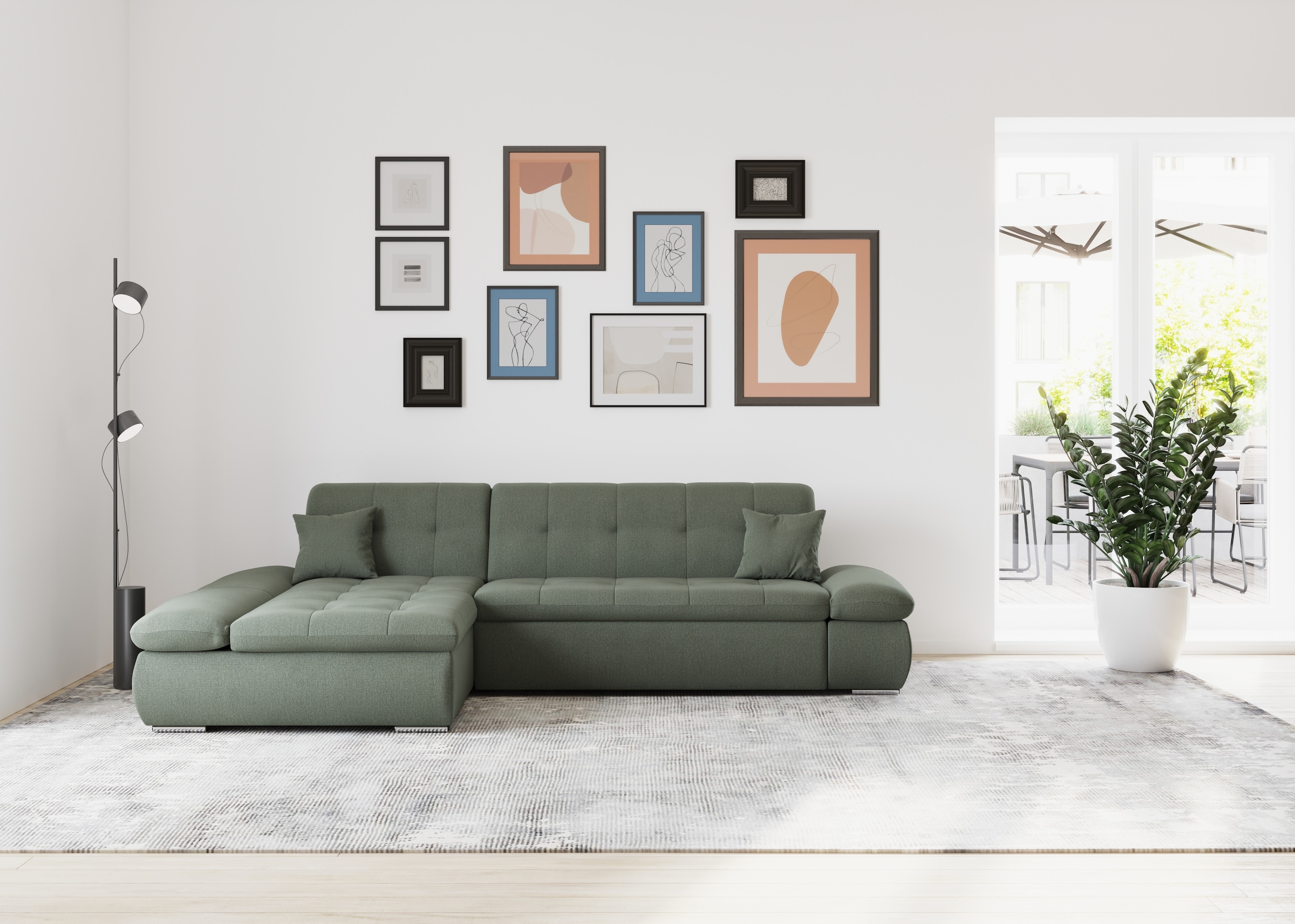 Image of DOMO collection Ecksofa "MORIC 300x172 cm, XXL-Sofa mit viel Platz, L-Form, auch in Cord" wahlweise mit Bettfunktion und Armteilverstellung, dunkelgrün