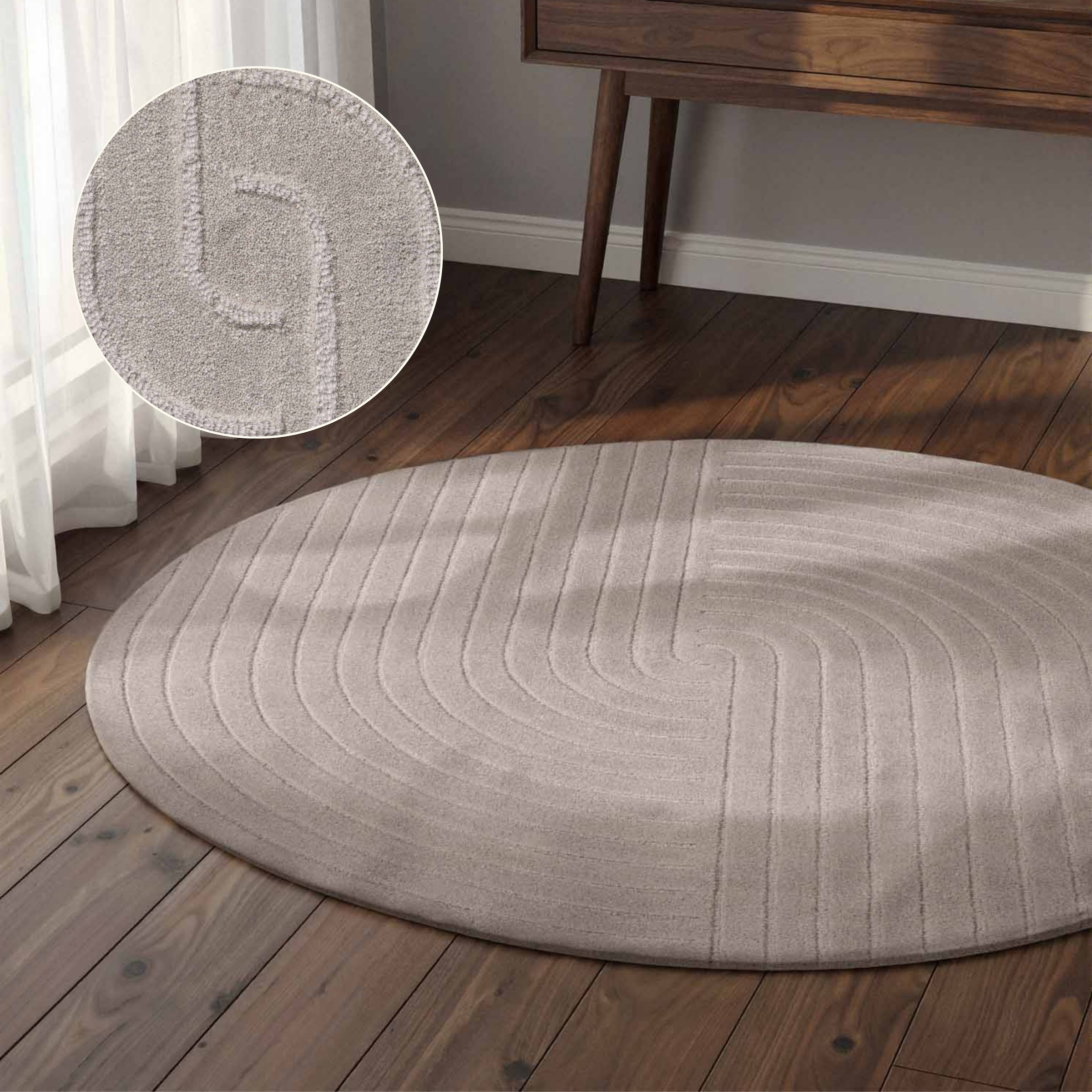 vikosa Tapis en laine »Arcura« Rond 15 mm Höhe Laine fait main, effet relief, design géométrique en lignes ondulées