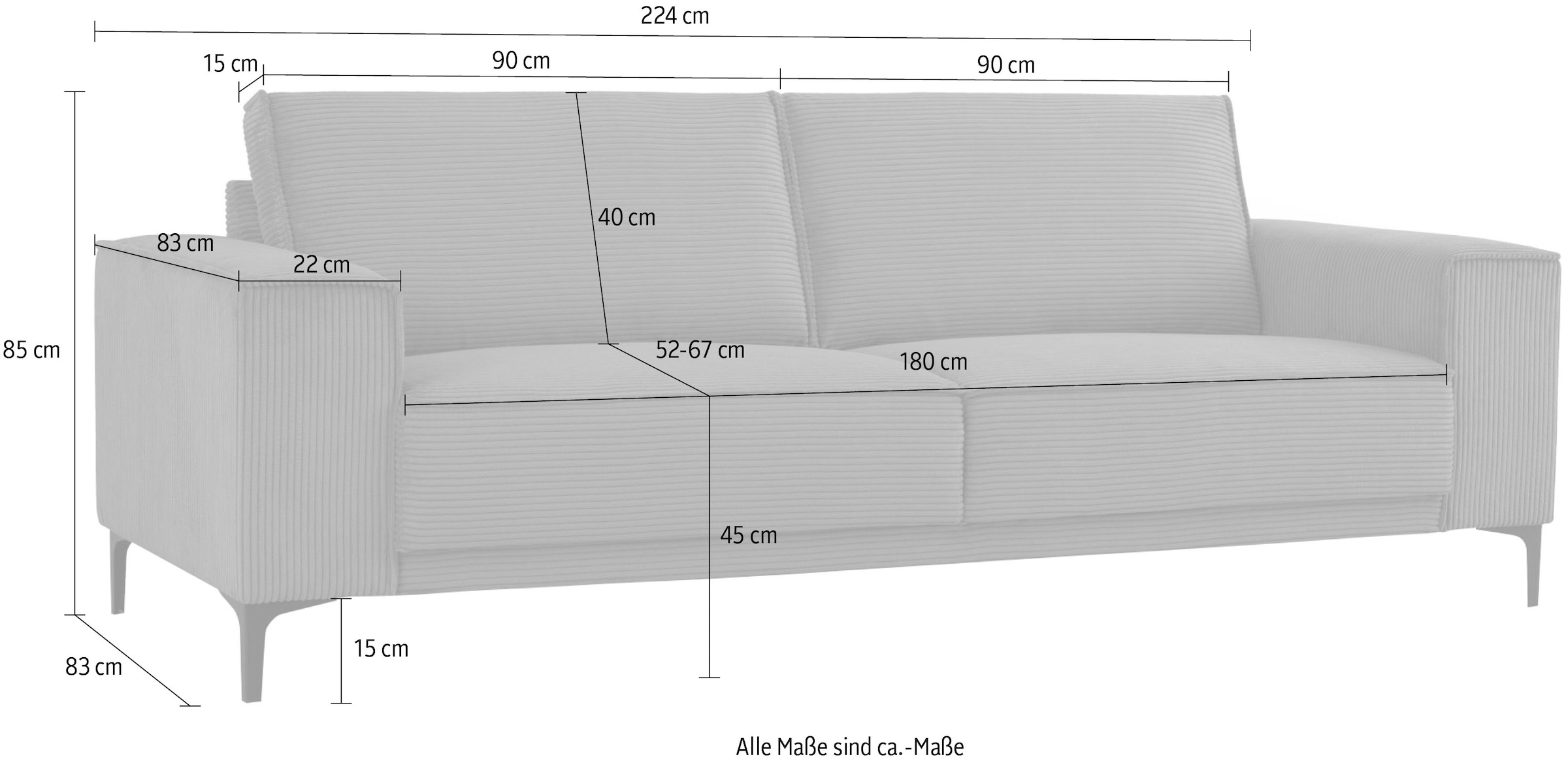 GOODproduct 3-places »OLAND Cord, Sofa, B: 224 cm, Skandi-Design« structure, tissu plat, microfibre de luxe, bouclé