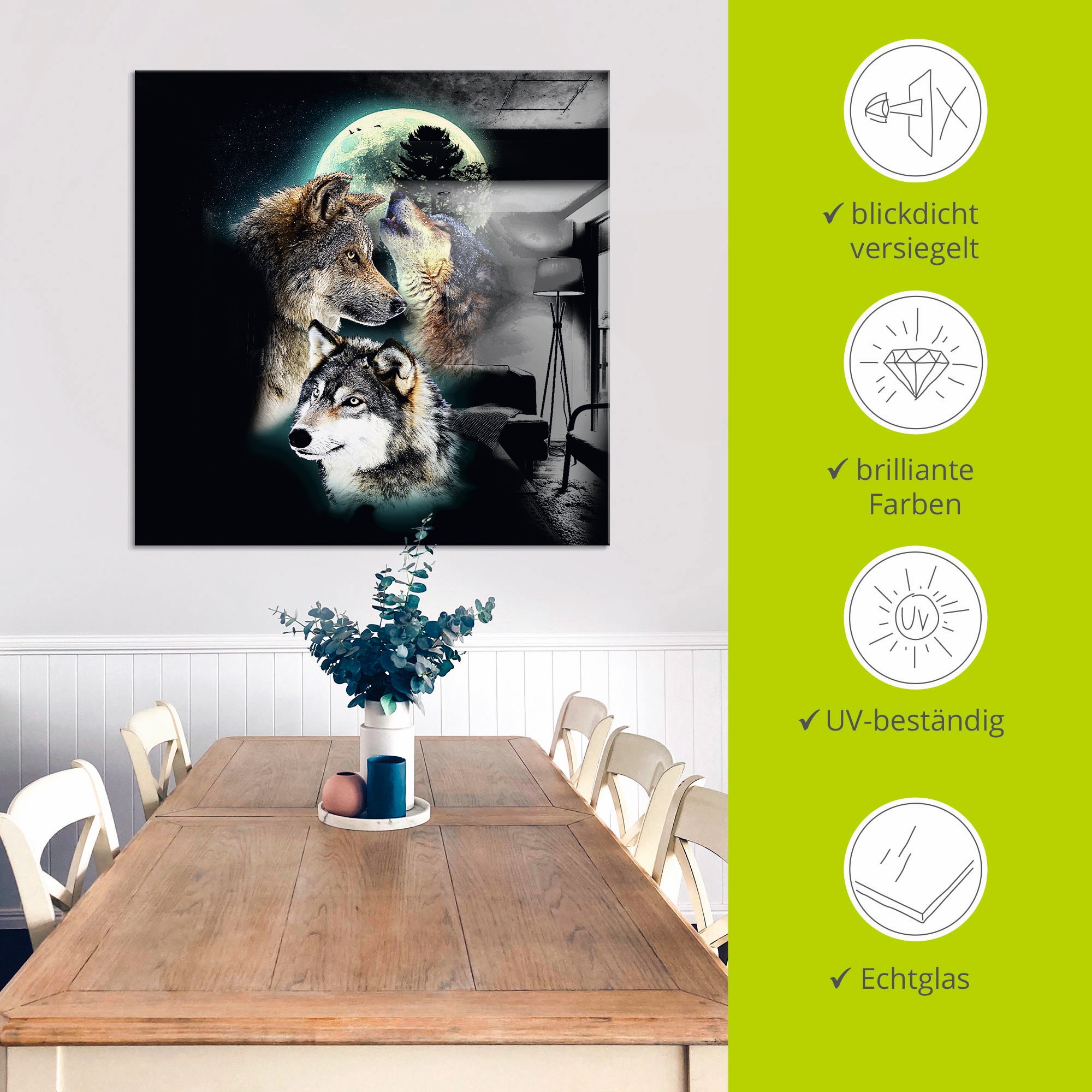 Artland Glasbild »Phantasie Wolf Wölfe mit Mond«, Wildtiere, (1 St.), in verschiedenen Grössen