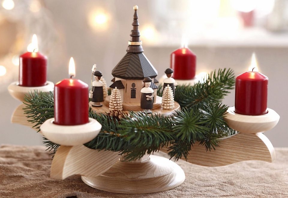 Image of Albin Preissler Adventsleuchter "mit Seiffener Kirche, Handwerkskunst aus dem Erzgebirge" Weihnachtsdeko aus Eschenholz