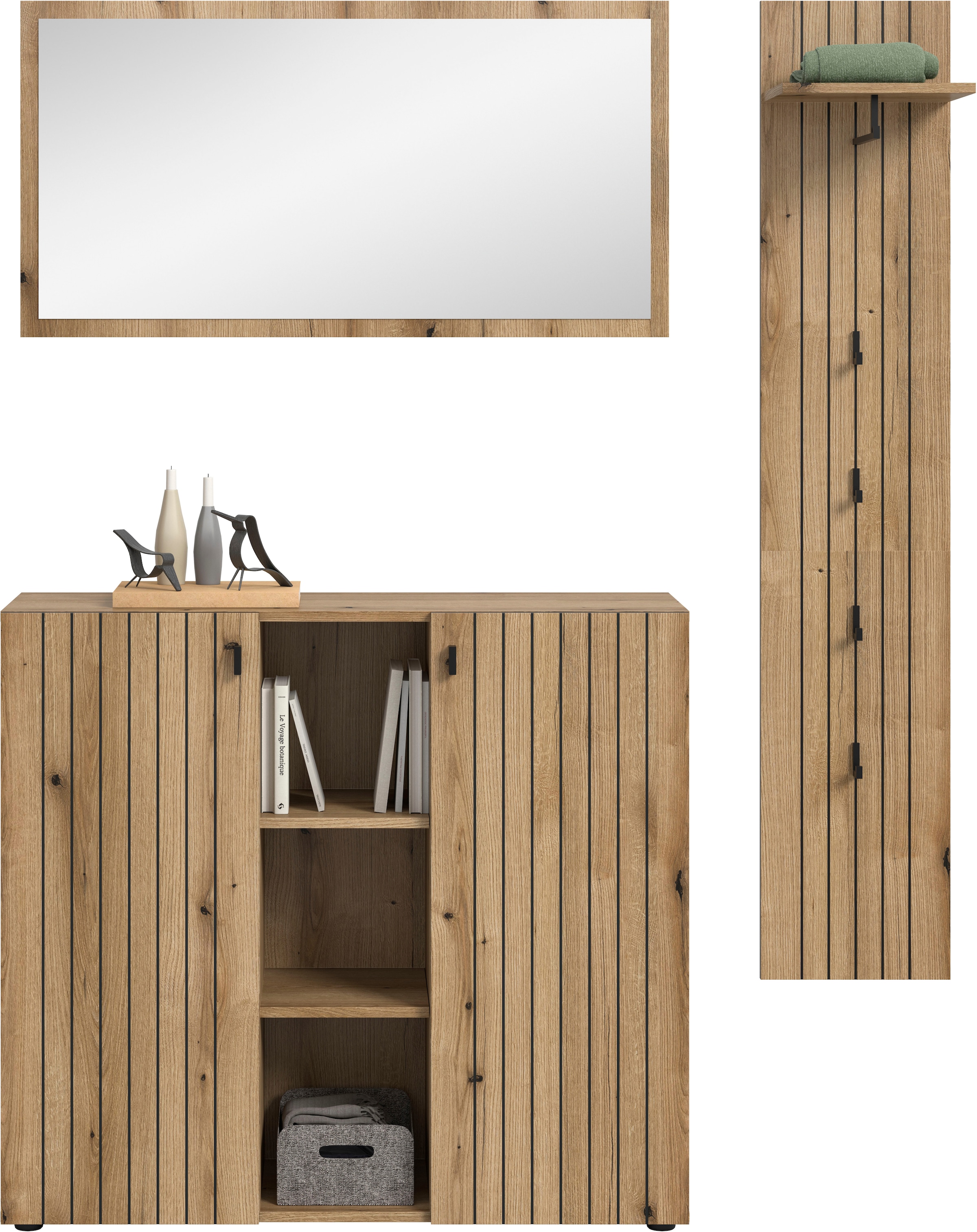 Home affaire Ensemble de vestiaires »TATIO, 3-tlg. Garderobenkombination, Breite:157cm, Rillenfräsung« Set, Set, best. aus: 1 Spiegel, 1 Garderobenpaneel, 1 Schuhkommode, 3 cuis tlg.