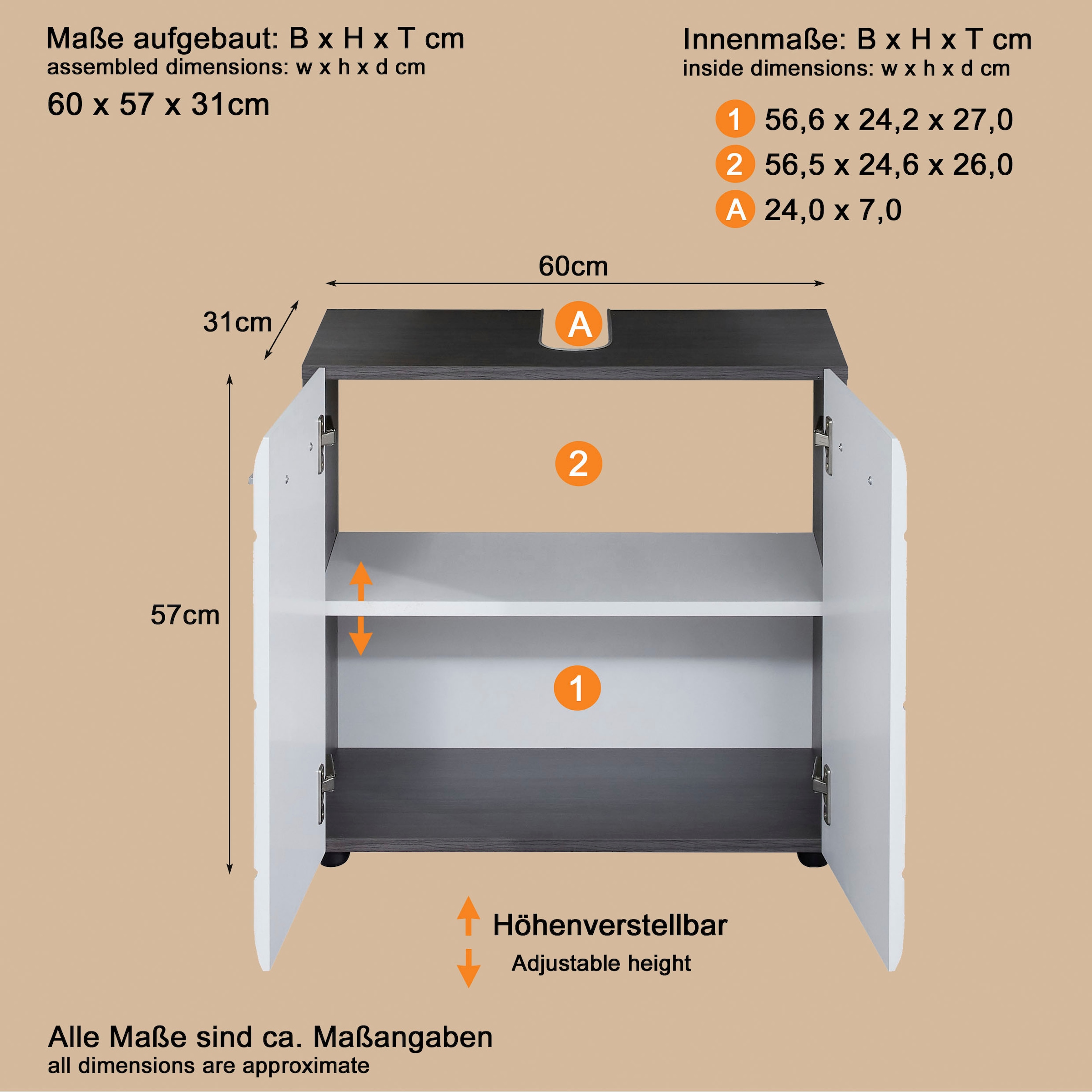 welltime Waschbeckenunterschrank »Sovana« Waschbeckenunterschrank mit 2 Türen - (B/T/H) 60/31/57 cm