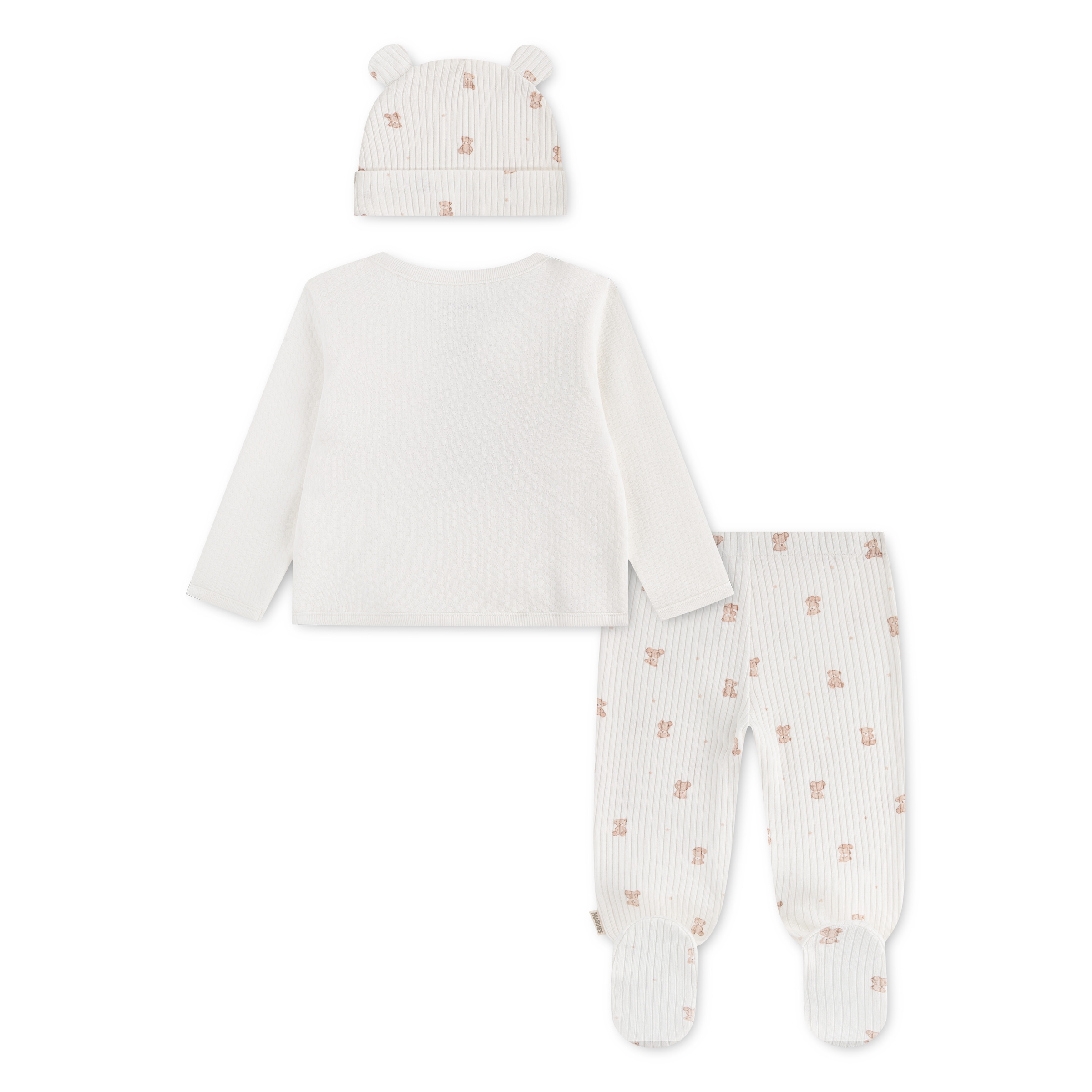HUGGIES babywear Shirt, Hose, Jacke & Mütze »HUGN FOOTED PANT SET + ATTACHM« Set, 3 3er Seit Mütze-Jäckchen-Hose mit Füssen und Allover-Prints
