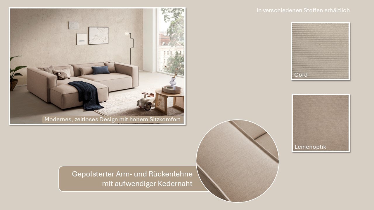 LeGer Home by Lena Gercke Ecksofa »PIARA XXL, Big-Sofa in Cord oder Leinenoptik, L-Form, mit Kedernaht«, wahlweise Ottomane rechts/links, schwarze Füsse, extra tiefe Sitzfläche