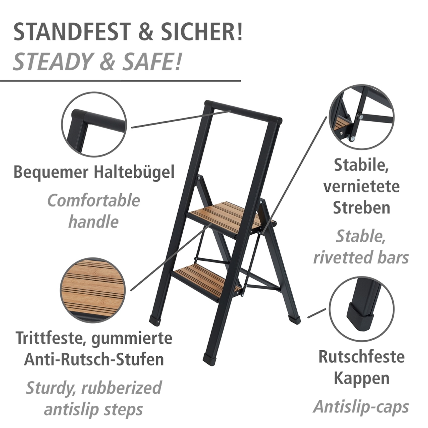 WENKO Trittleiter »Modell Alu-Design«, rutschsichere XXL-Stufen, robustes Aluminium in Kombination mit Bambus