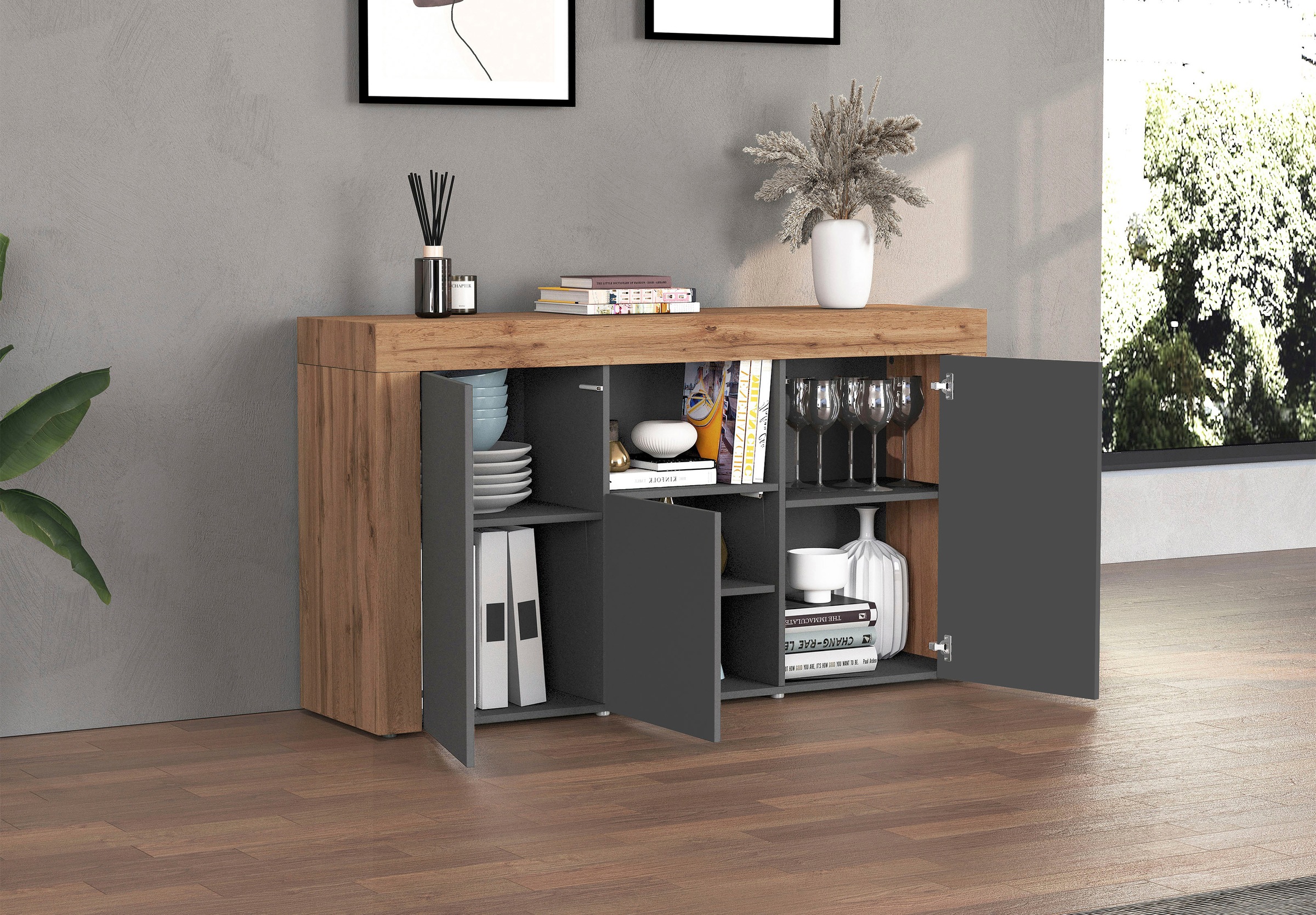 INOSIGN Sideboard »CHRONOS Breite 155 cm mit 3 Türen, 1 offenes und 6 geschlossene Fächer«, (1 St.), Sideboard,Kommode, Schrank, Grifflos mit Push to Open, Made in Italy