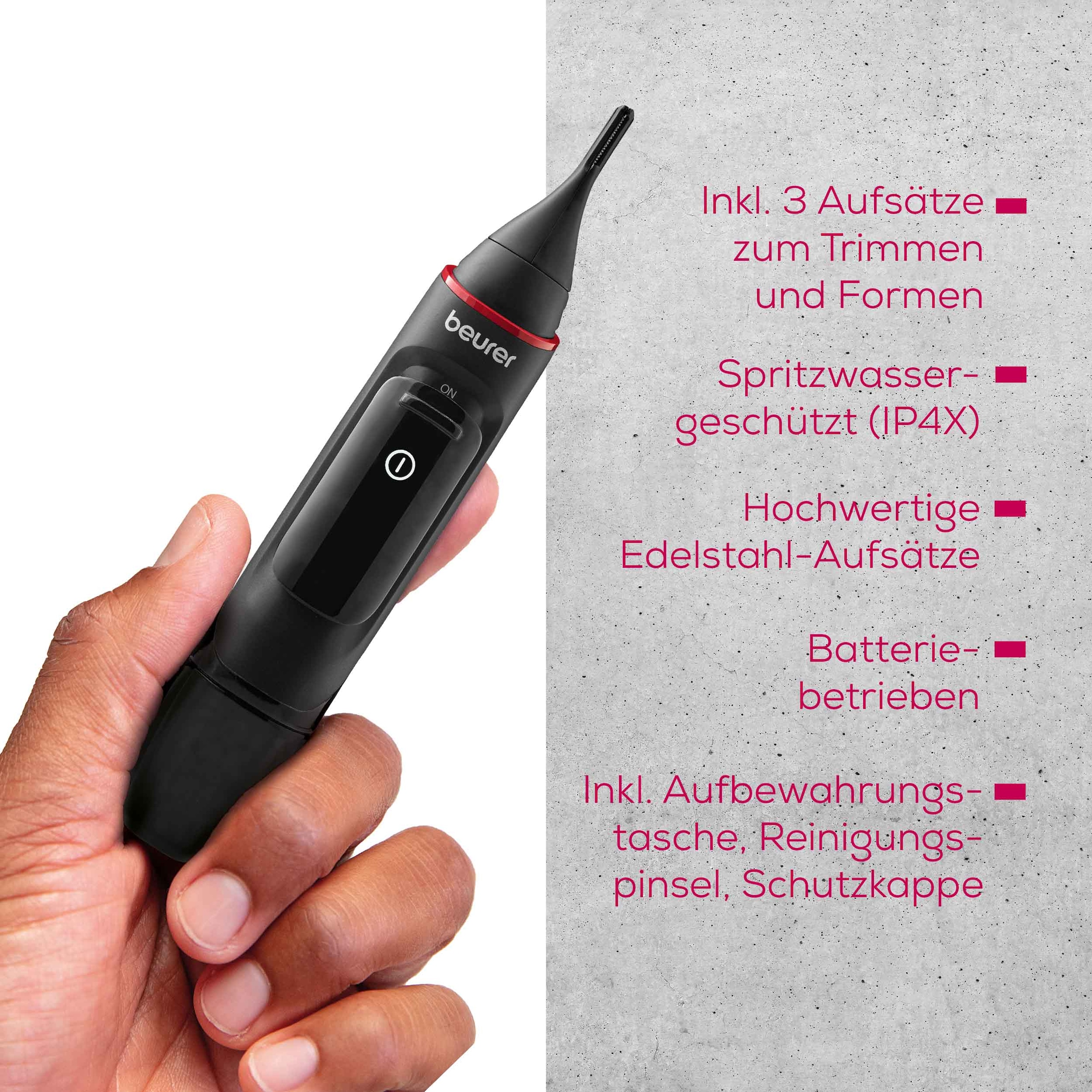 BEURER Tondeuse pour nez et oreilles »MN3X, Präzisionstrimmer für Augenbrauen, Nasen- sowie Ohrhaare« 3 Aufsätze Mit 2 Aufsätzen und extra Kammaufsatz mit 3 und 6 mm