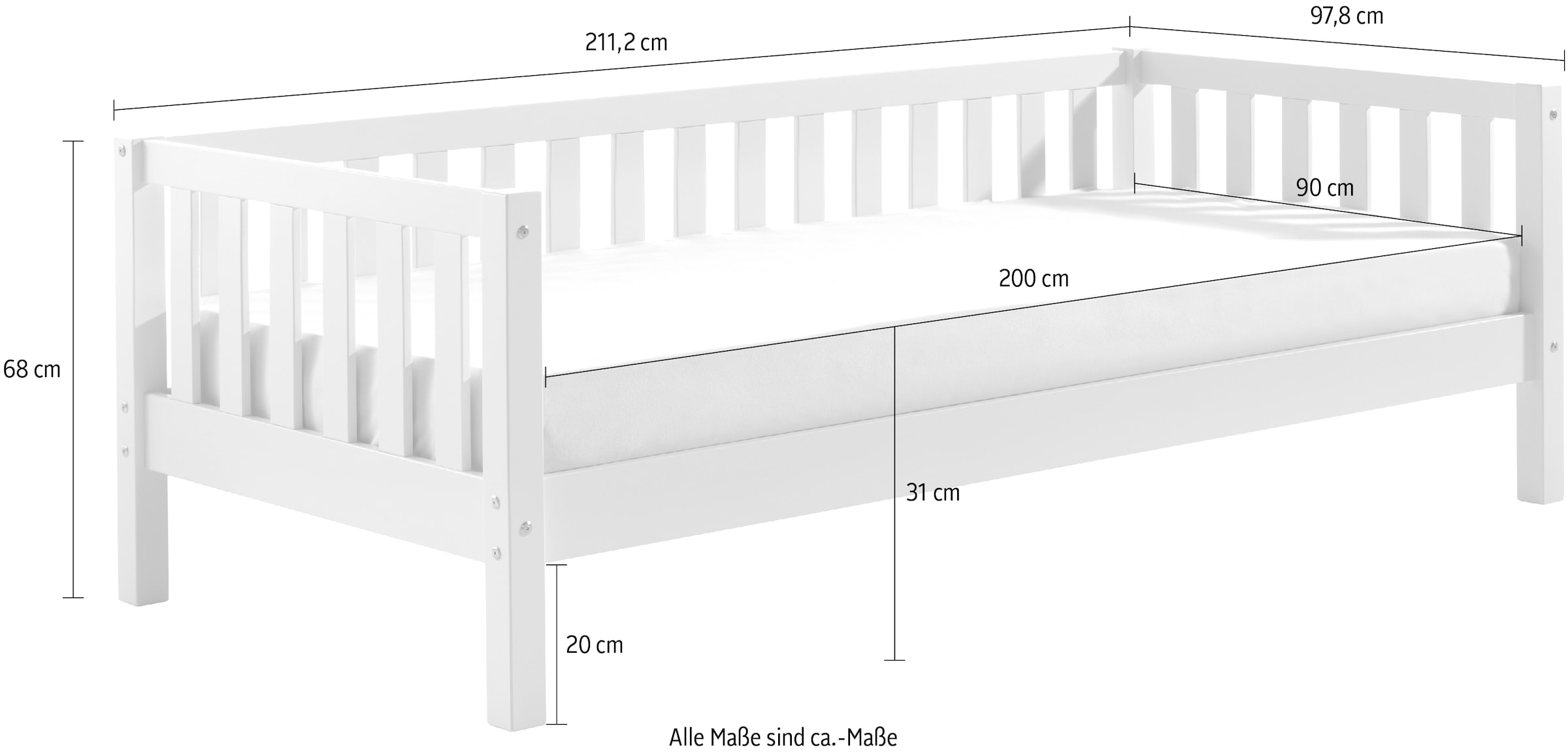 Vipack Einzelbett »Sprossenumrandung, Kiefer massiv, stabil gebaut und zeitloses Design« B/H/T ca. 211,2x68x97,8cm, Ausf. Milky Pine oder Weiss,  inkl. Rolllattenrost, mit oder ohne Bettschublade