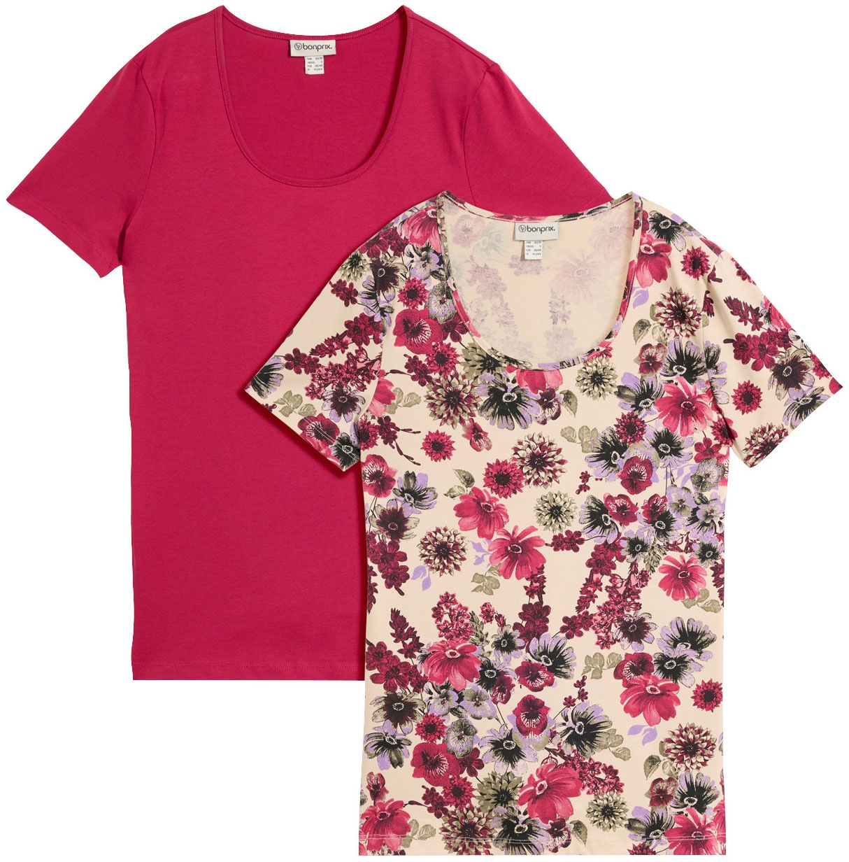 Image of bonprix T-Shirt Packung, 2 schmale Passform, Kurzarm, 1x uni und 1x bedruckt