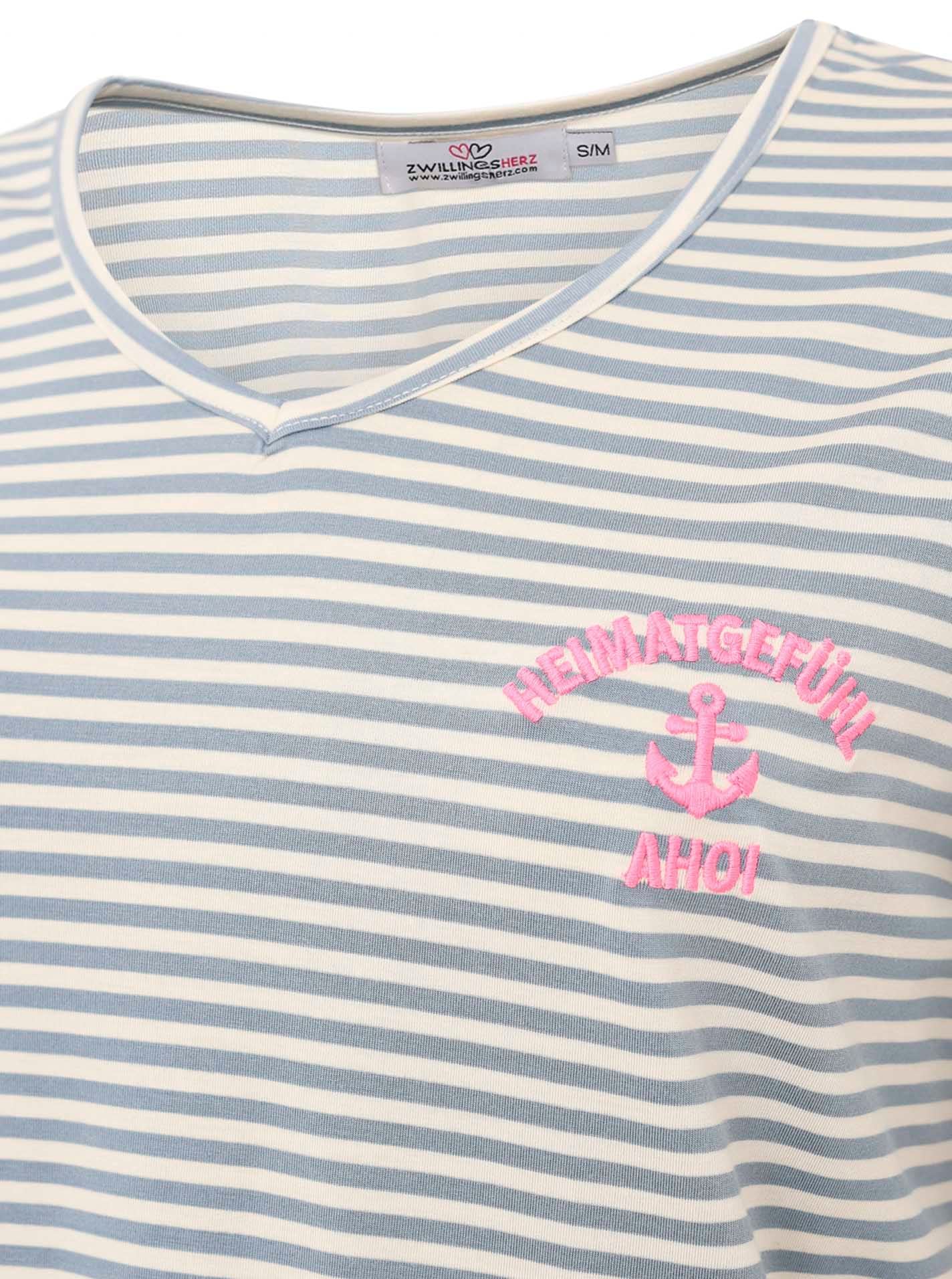 Zwillingsherz T-Shirt »"Heimatgefühl"« V-Neck, gestreift, kleines Motiv gestickt mit Anker