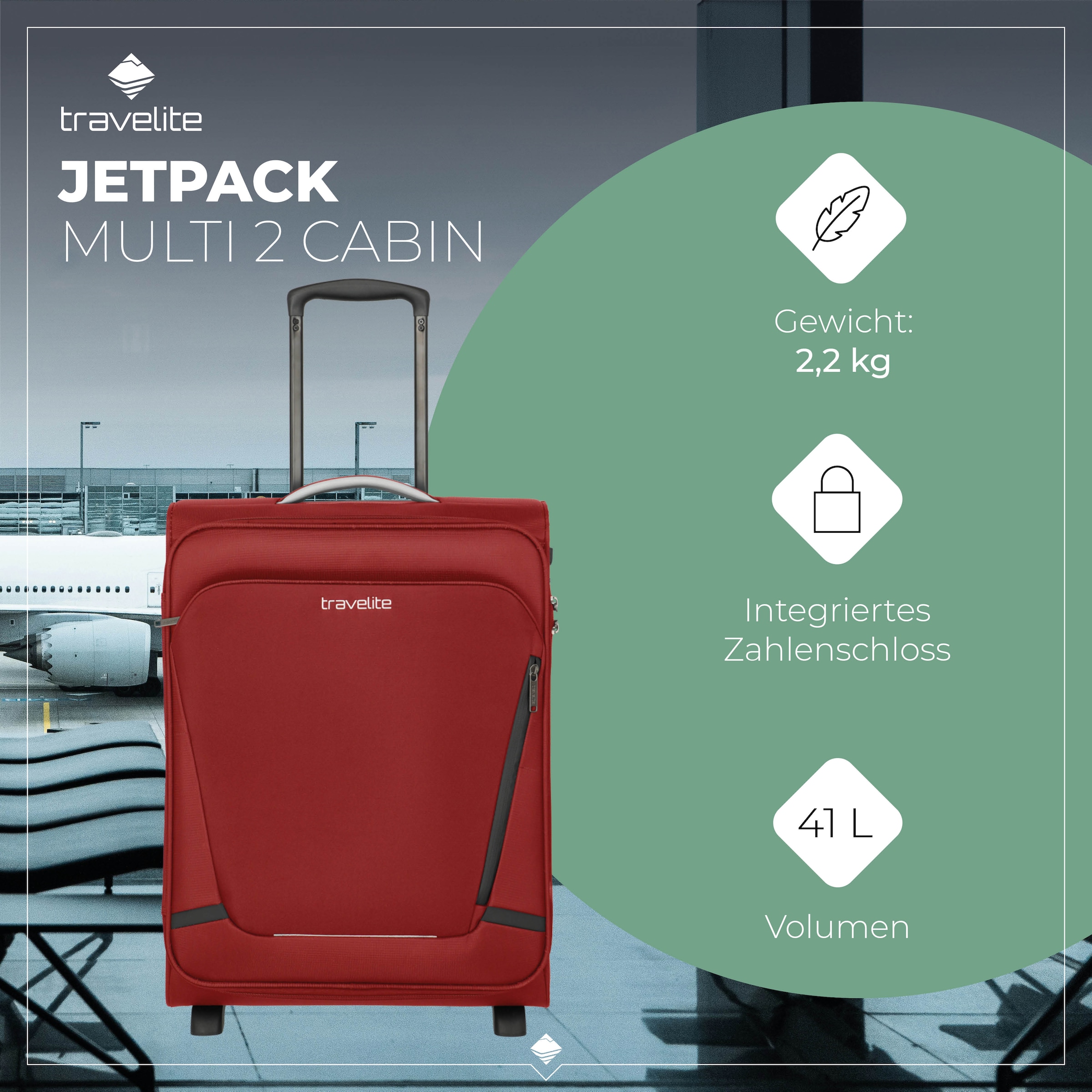 travelite Trolley pour bagages à main »JETPACK Multi 2 Cabin Handgepäck Koffer« 41 litre 2 Rollen bagage souple, compatible Ryanair, Condor et de nombreuses compagnies aériennes courantes