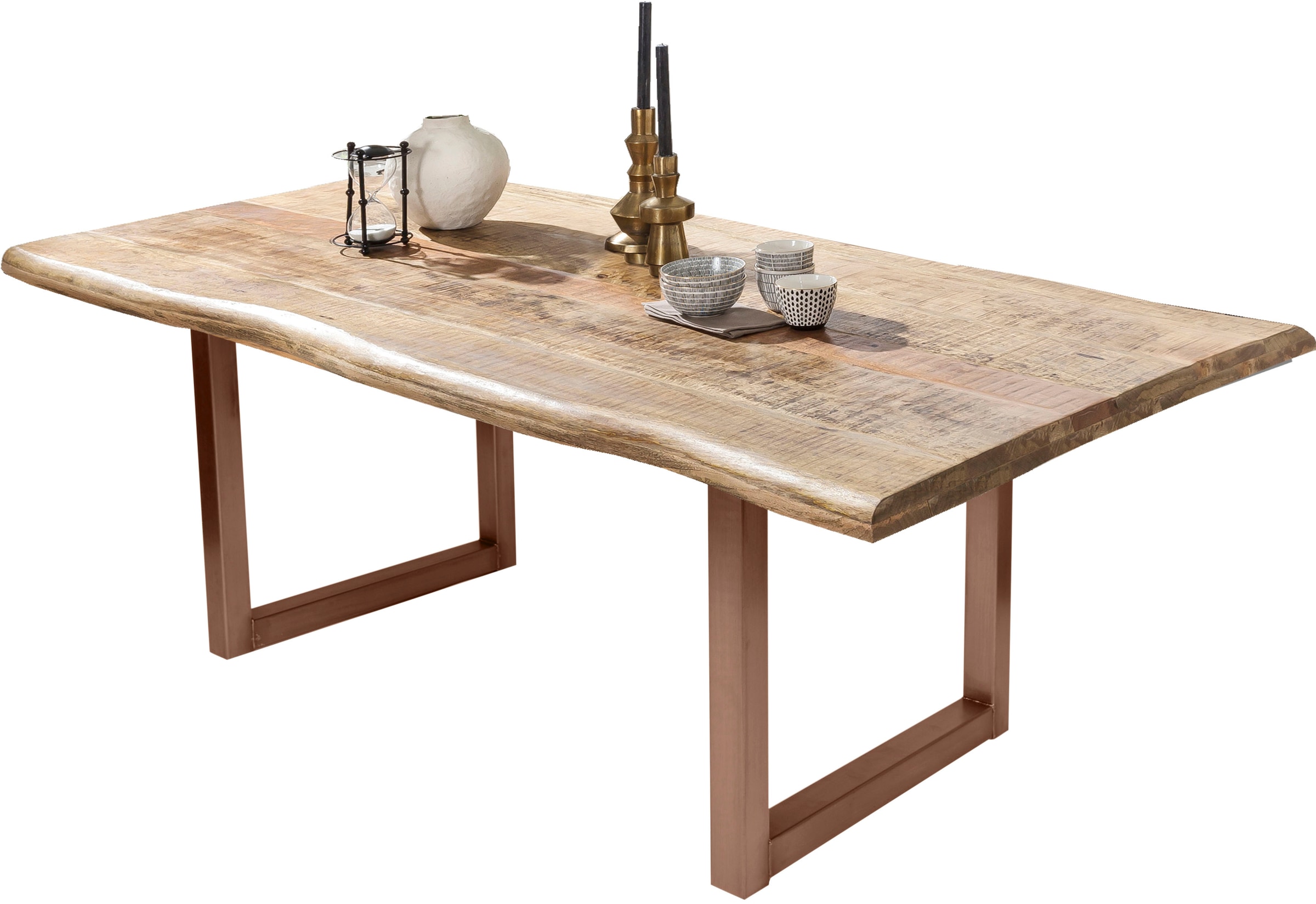 SIT Table en bord d'arbre »Dijon Mango Esstisch in Naturfarben mit Metall-Kufengestell« Bois massif de manguier avec chant naturel comme poussé & pièce unique