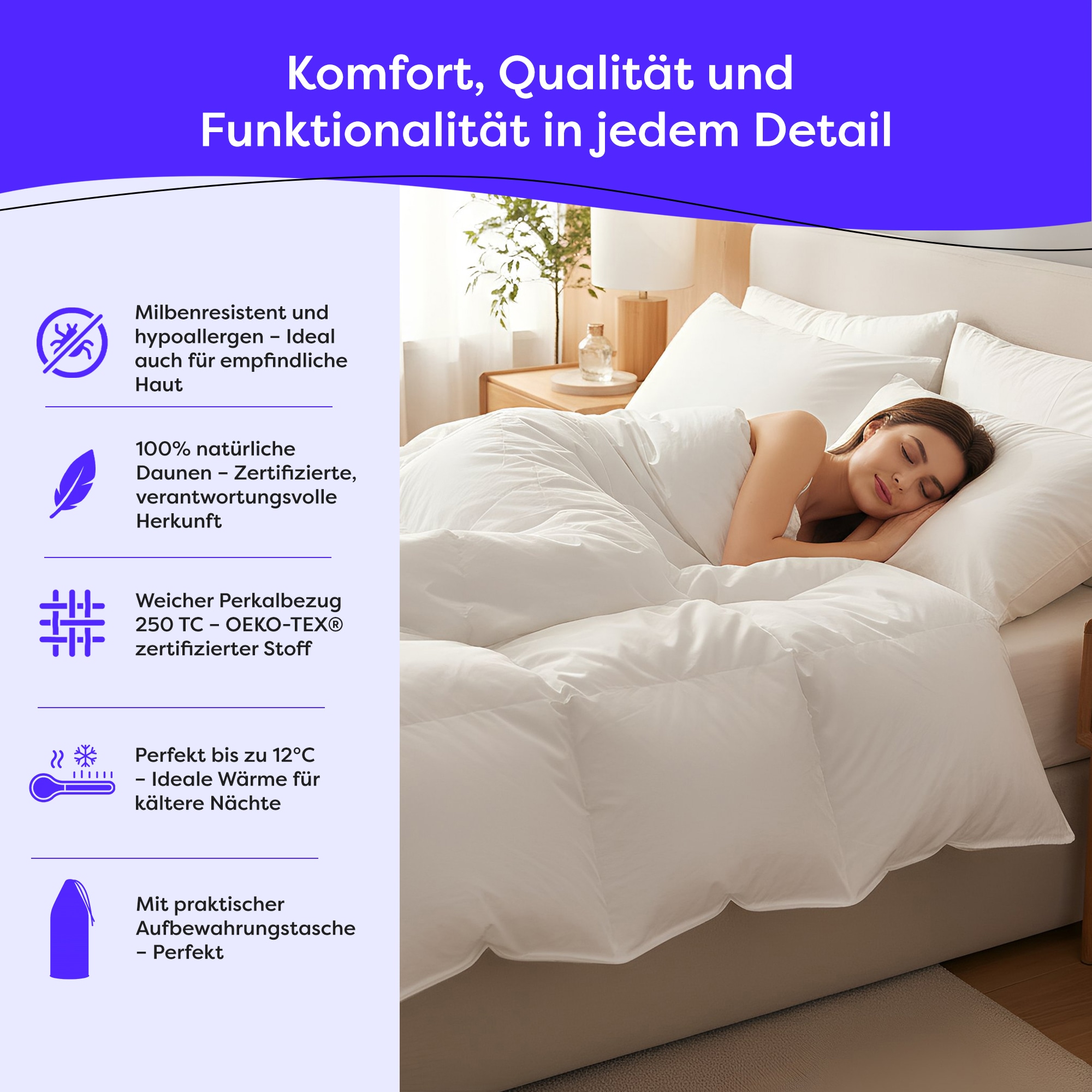 Wolkenfeld Couette en duvet »Winterbettdecke Daunendecke Anti-Milben, Hypoallergen, Waschbar« extrawarm 1 cuis tlg. 135x200, 155x220, 200x200, 220x240 Gänsedaunen & Federn 500 g/m²