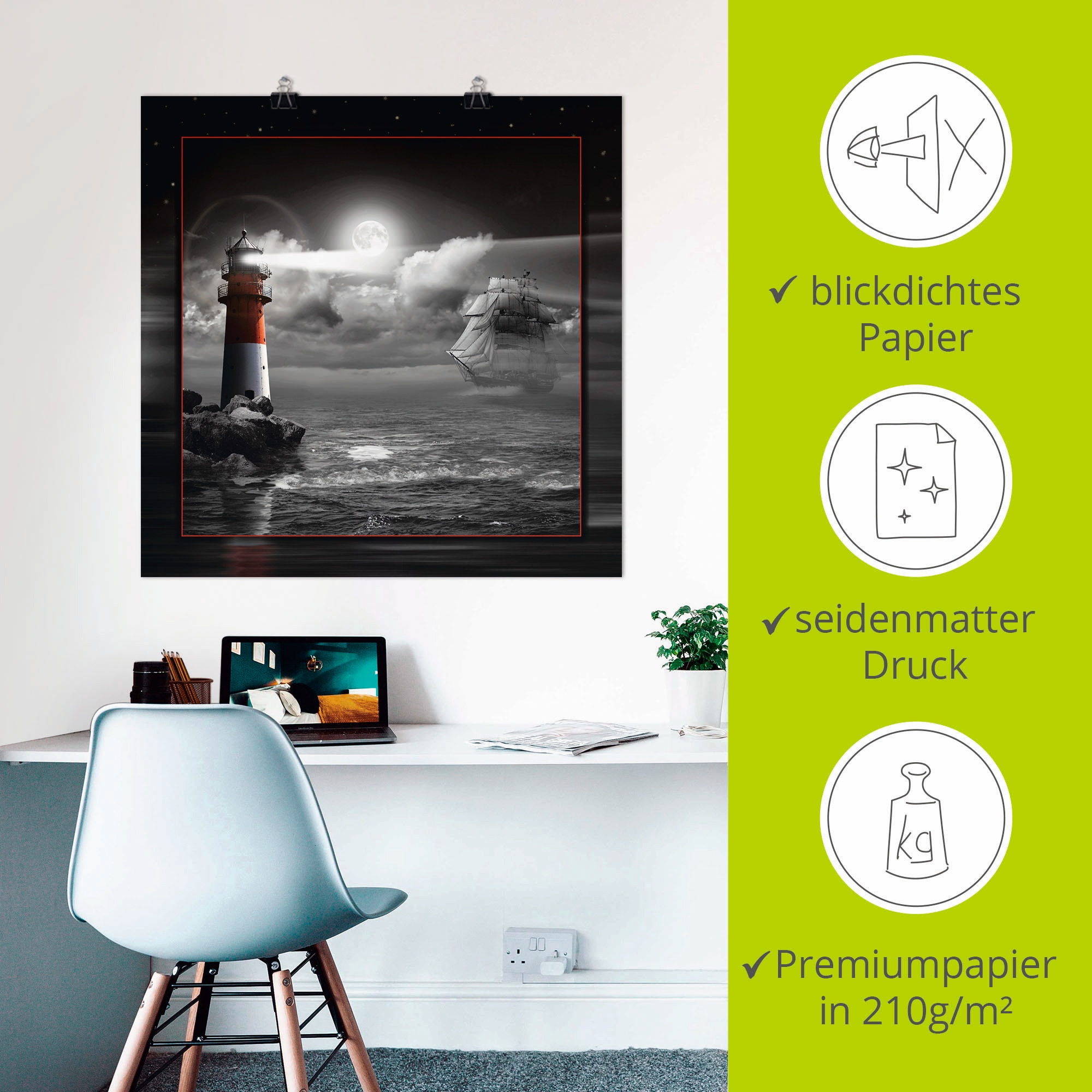 Artland Wandbild »Leuchtturm und Segelschiff im Mondschein«, Küste, (1 St.), als Leinwandbild, Poster, Wandaufkleber in verschied. Grössen