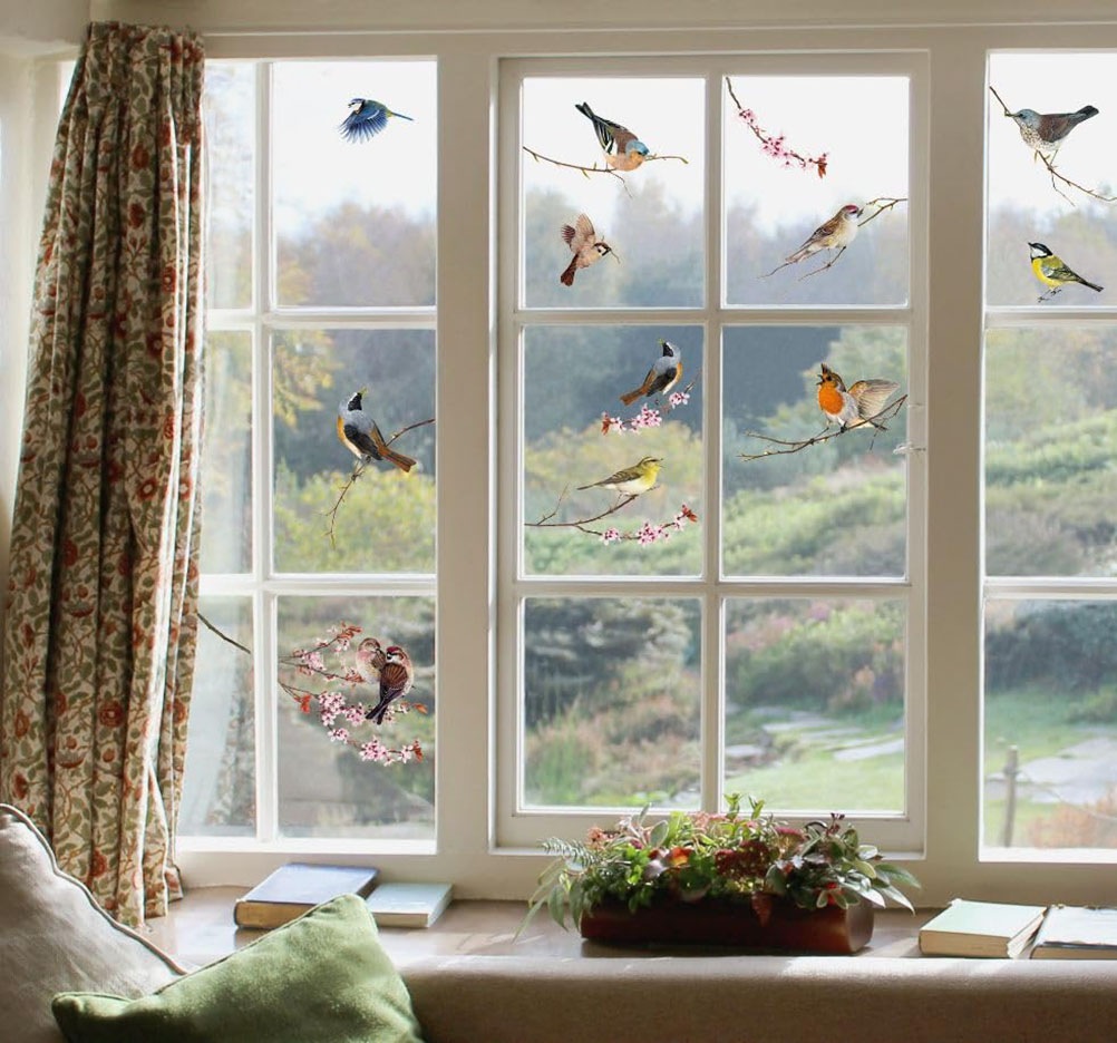 Image of Komar Fensterbild "Vögel, birds, 12 schöne, verspielte Motive, Design Frühling" Sticker für Fenster oder Spiegel, selbsthaftend und wiederverwendbar